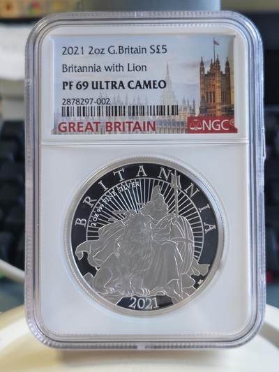 第176期拍卖【长期征集拍品】【欢度国庆中秋双节】 - 英国2021年不列颠女神狮子2盎司加厚银币NGC-PF69无盒无证书，999银，发行250枚，有氧化点