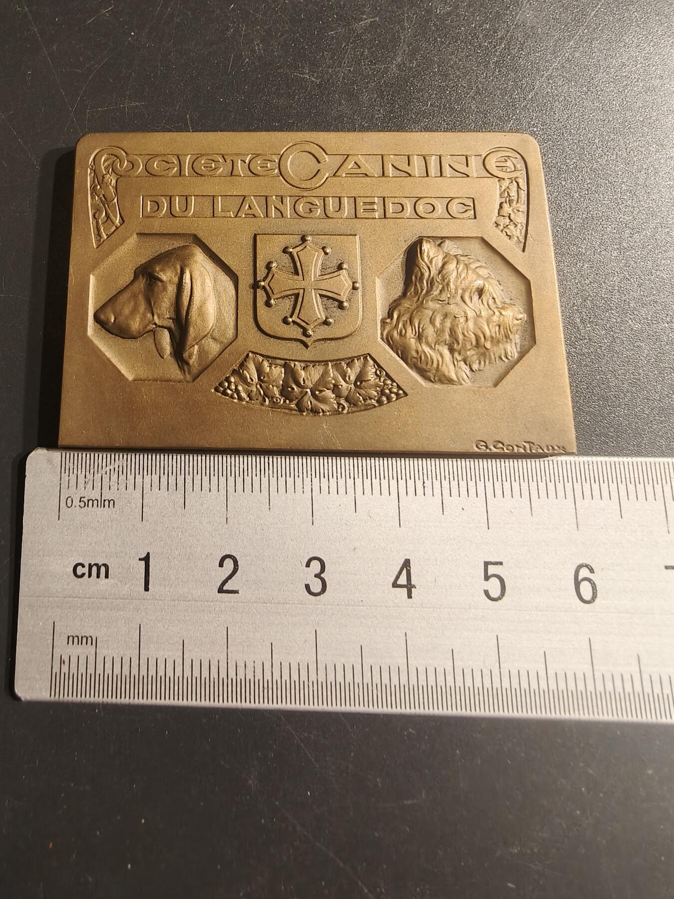 老王徽章第150期 法国朗格多克犬类协会展览方形大铜章    尺寸59×40mm   重量63.6g     1932年    带盒子