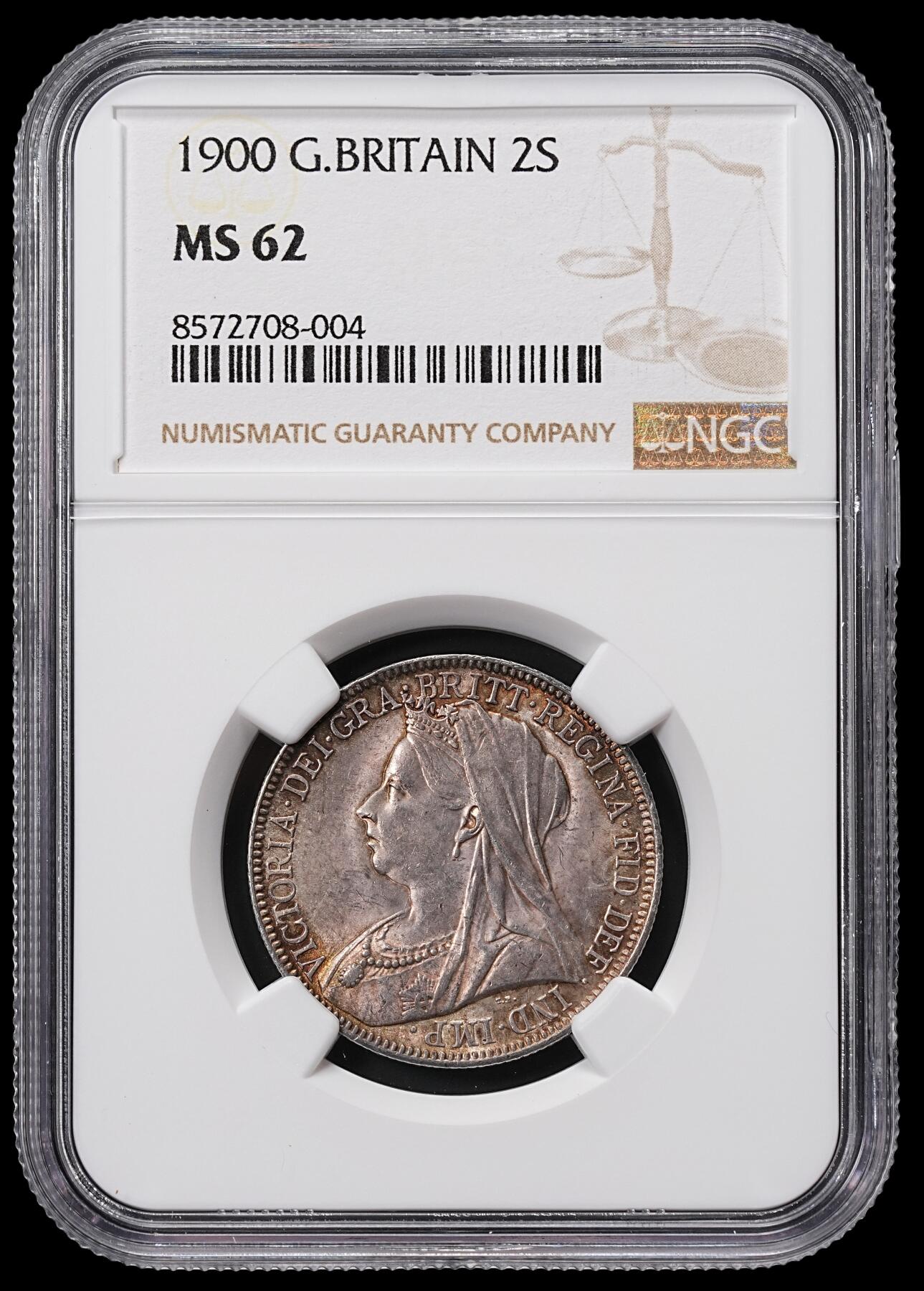 修遠堂世界钱币第八十五期 NGC MS62 1900年英国2先令银币 五彩