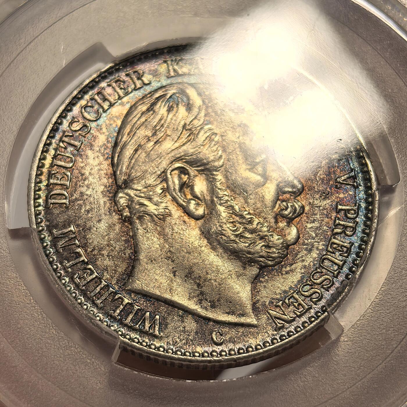 博洋堂世界钱币拍卖第140期（全场包邮） PCGS MS63 德国普鲁士1876年威廉一世短翅鹰流通2马克银币，炫彩！绝对低评的状态！
