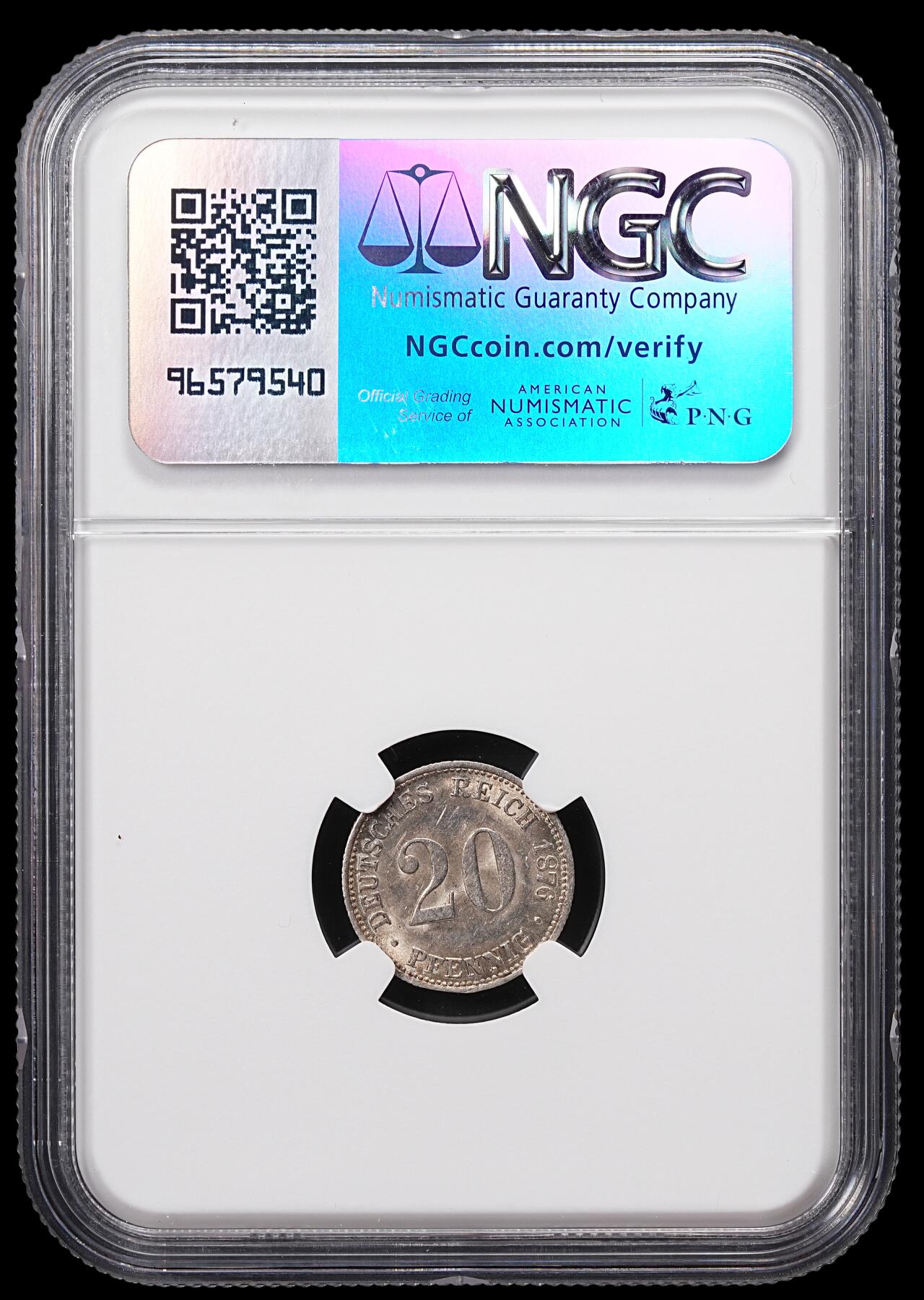 修遠堂世界钱币第八十五期 NGC MS62 1876年德国20芬尼银币 B厂铭