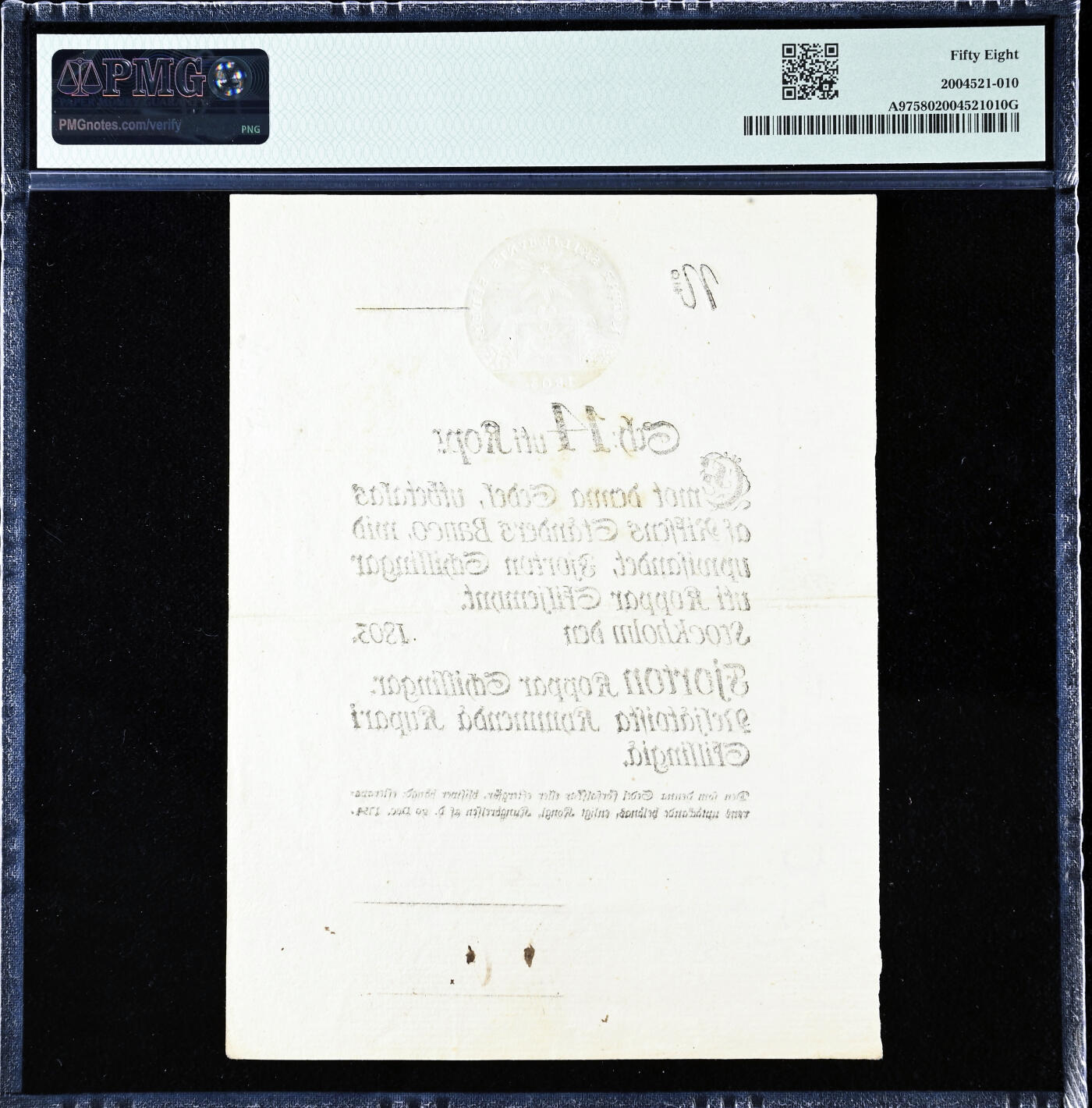 【Blue Auction】世界纸币精拍第728期——18级TOP拍卖/信誉/品质/专业/高效💫  【冠军分仅2张 手签飘逸 带防伪刚戳】瑞典国会银行（瑞典央行的前身，成立于1656年，1661年成为欧洲首家发行纸币的银行，1668年改组后成为全球历史最悠久的中央银行）古斯塔夫四世时期  1803-04年 14铜先令 PMG58 近新品相非常难遇 文物级别 超大票幅 