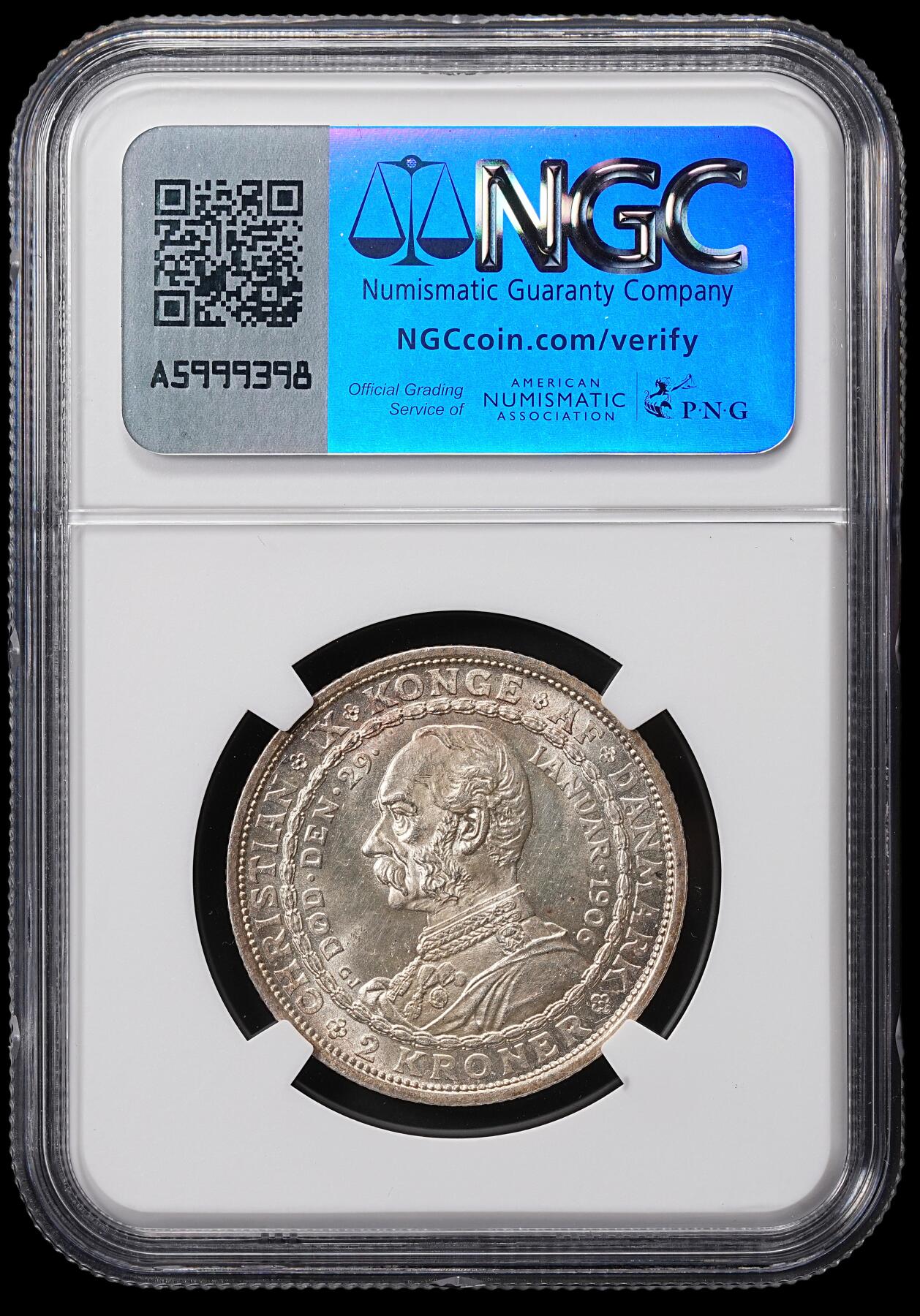 修遠堂世界钱币第八十五期 NGC MS65 1906年丹麦国王更迭纪念2克朗银币