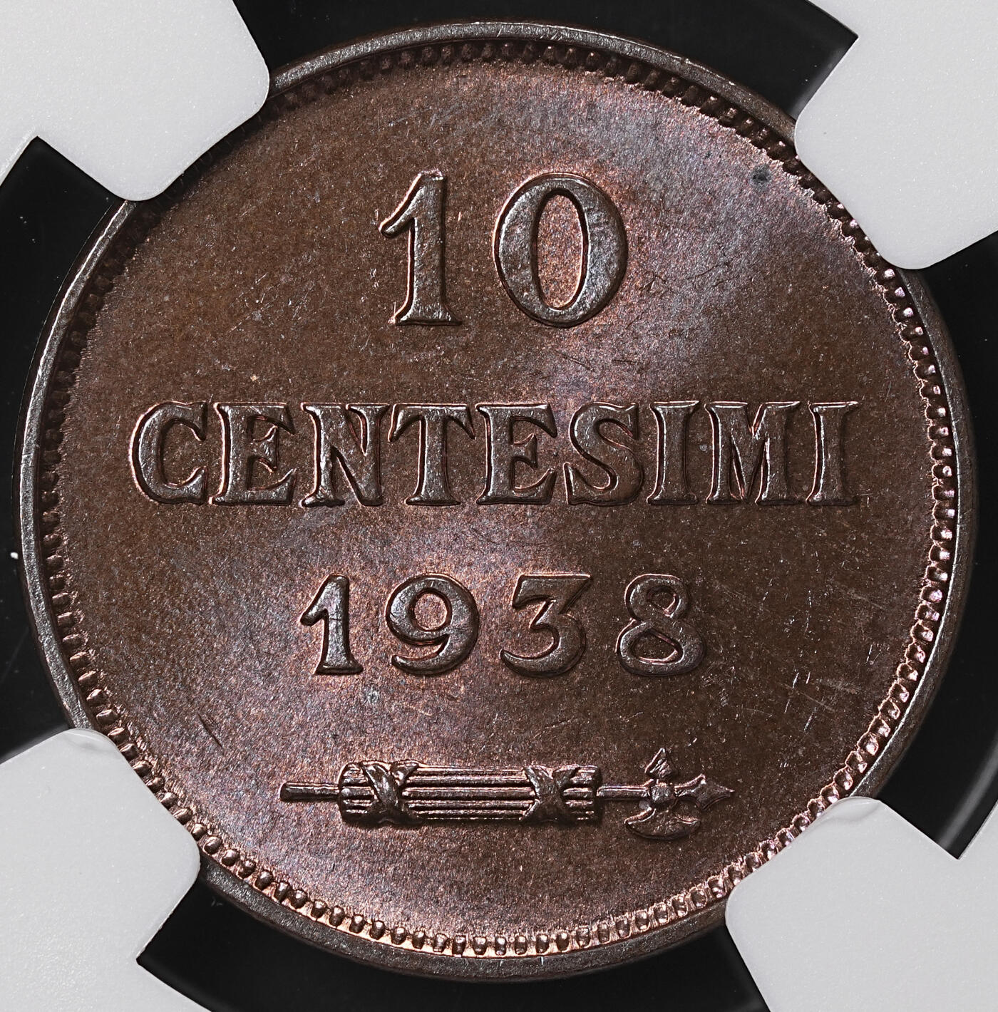 修遠堂世界钱币第八十五期 NGC MS64RB 1938年圣马力诺10分铜币