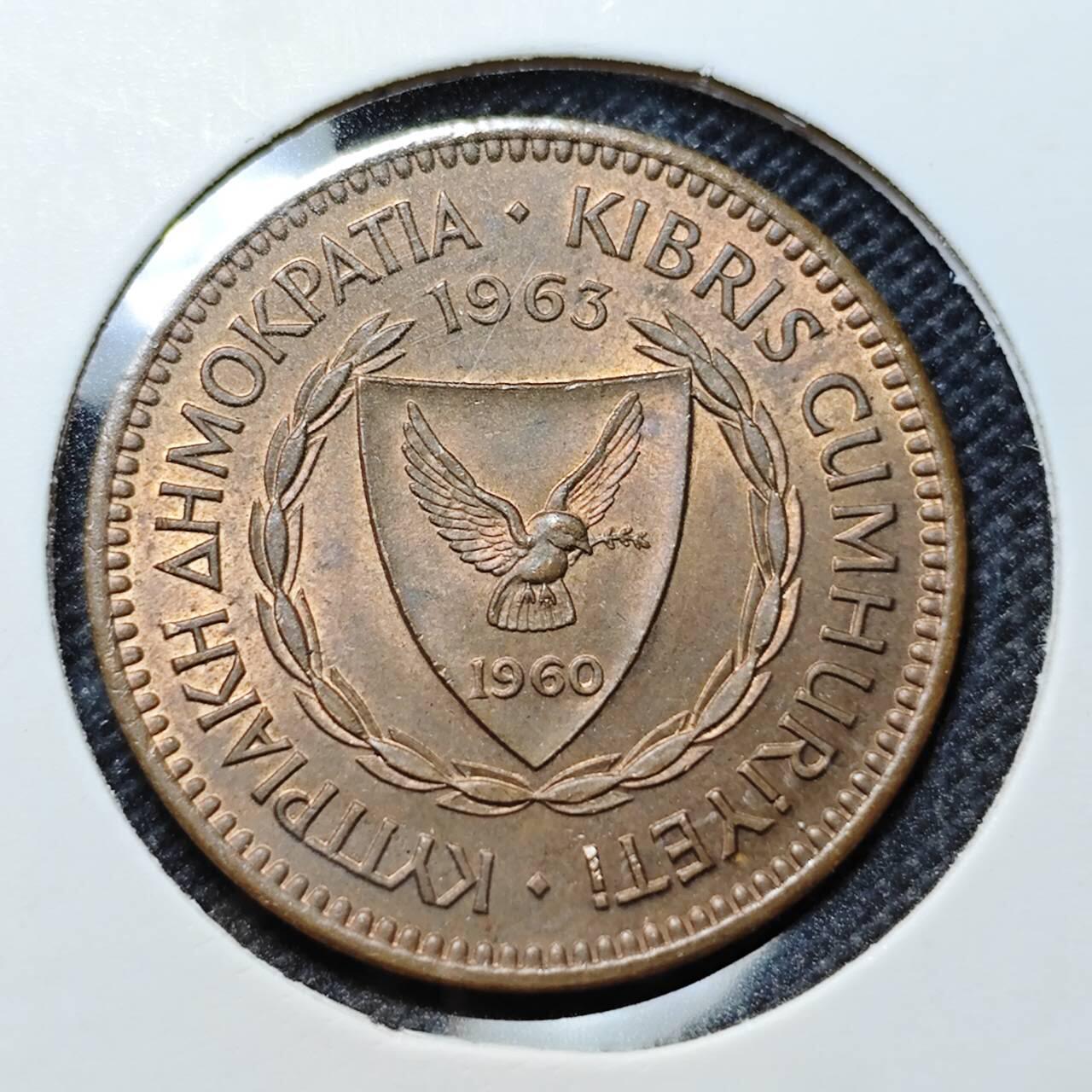 KK钱币收藏小铺 第341场 2月预留时间 周末发货 1963塞浦路斯5米尔 好品