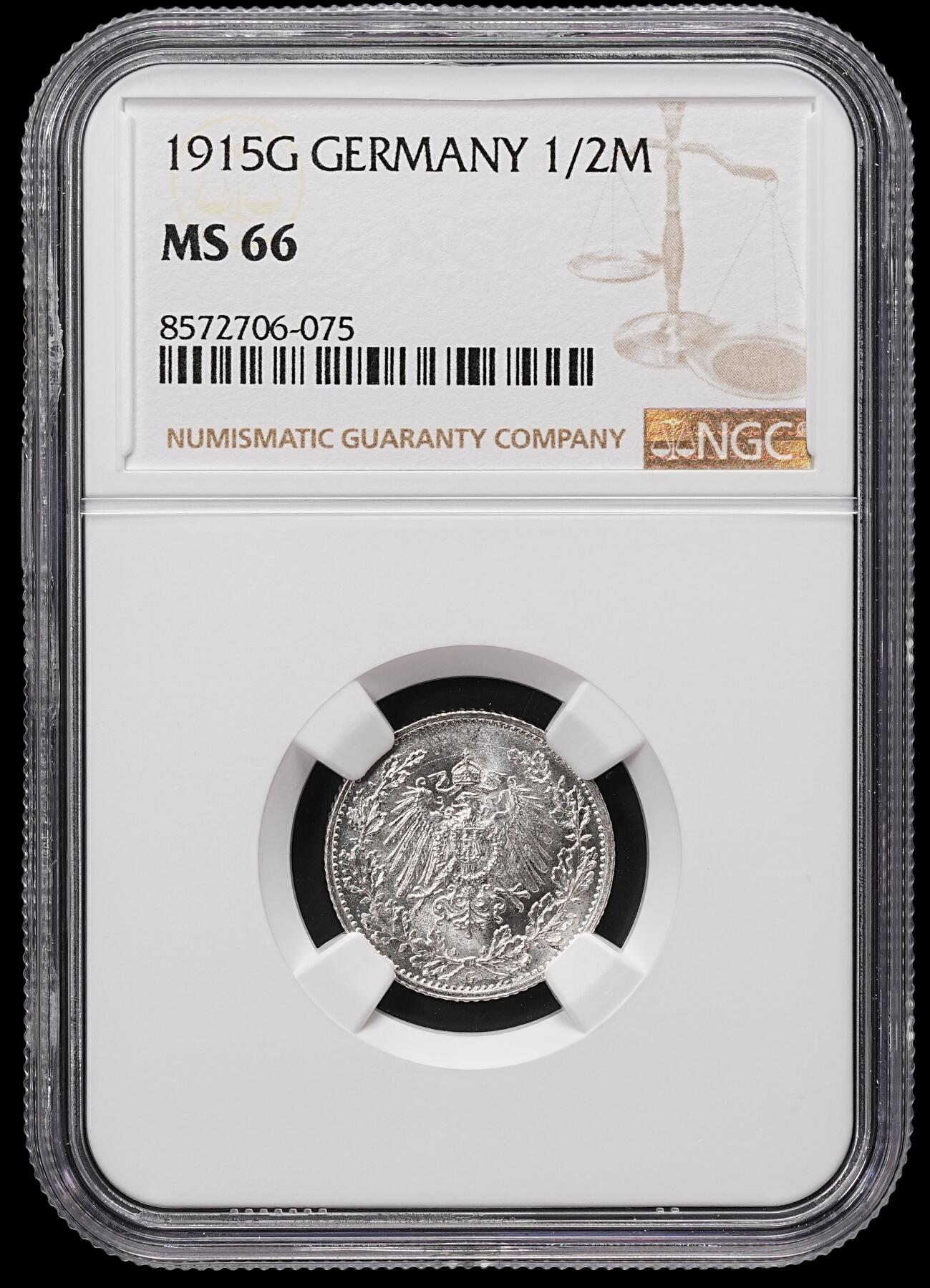 修遠堂世界钱币第八十五期 NGC MS66 1915年德国1/2马克银币 G厂铭