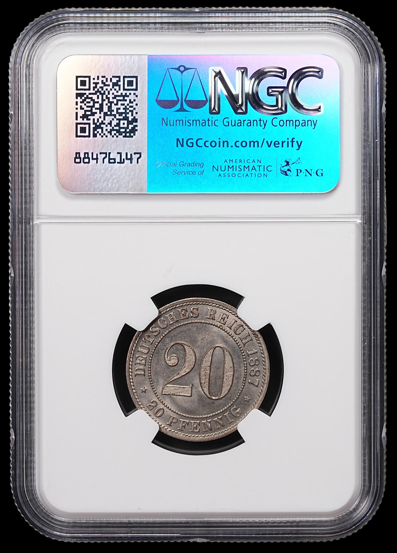 修遠堂世界钱币第八十五期 NGC MS64 1887年德国20芬尼镍币 A厂铭