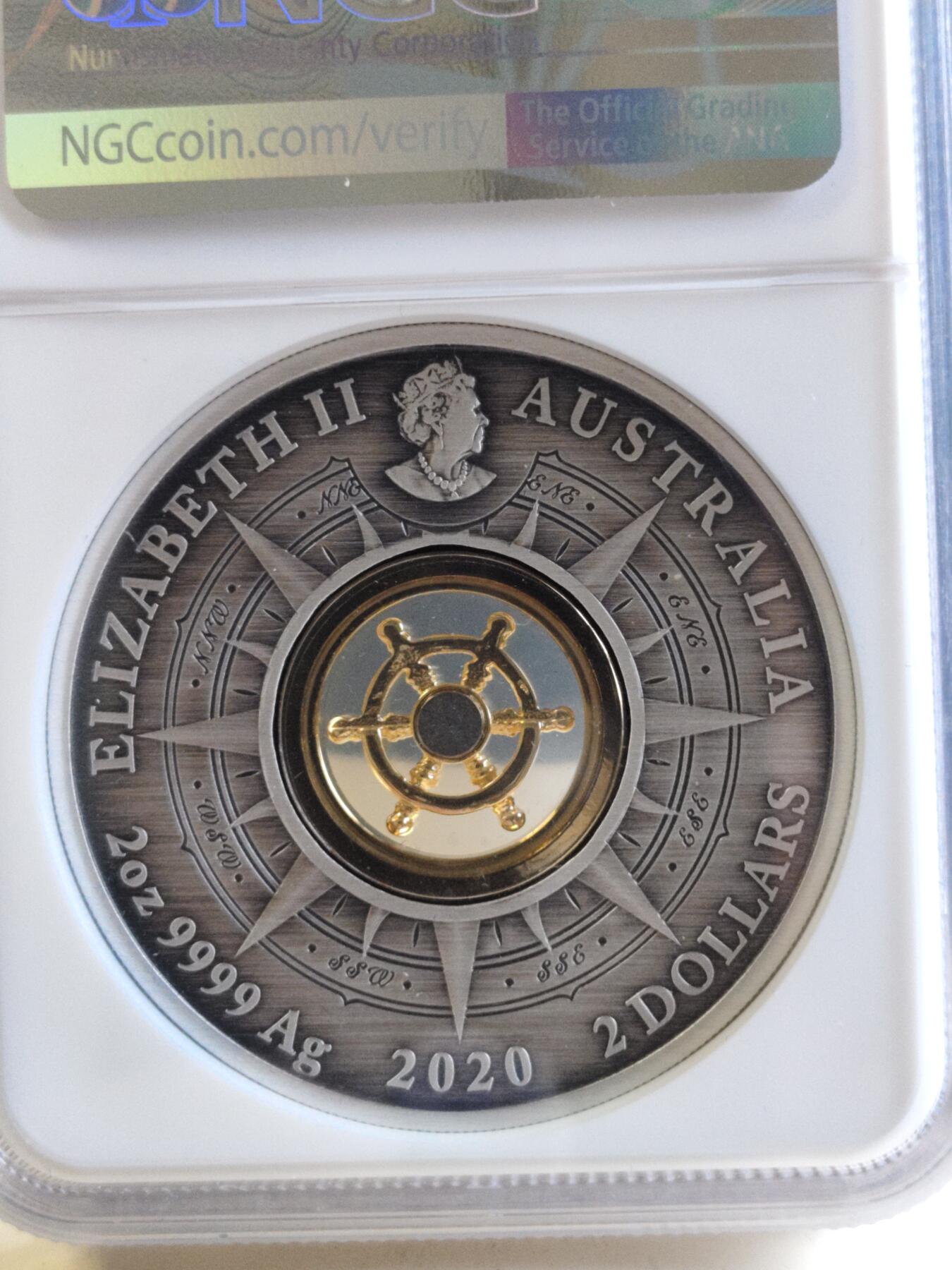 第176期拍卖【长期征集拍品】【欢度国庆中秋双节】 澳大利亚2020年航海中空镶可转动仿古银币NGC-MS70首无盒无证书，999银，发行1770枚