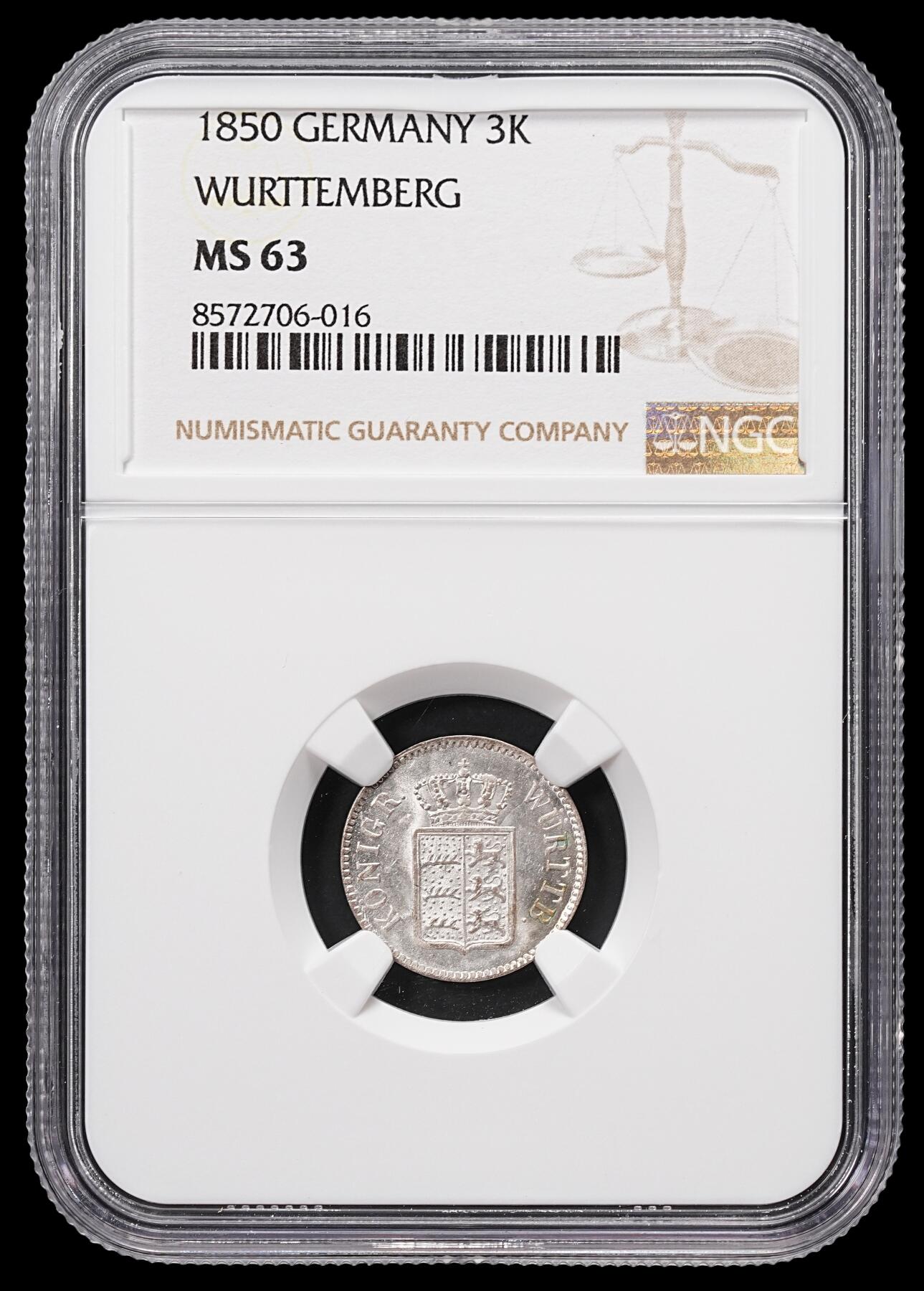 修遠堂世界钱币第八十五期 NGC MS63 1850年符腾堡3克鲁泽