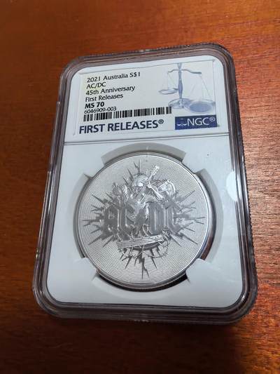 长老汇蛇年精选第四十八场拍卖 2021澳大利亚AC/DC乐队45周年1元银币，1盎司999银，3万枚，NGC MS70，首日标