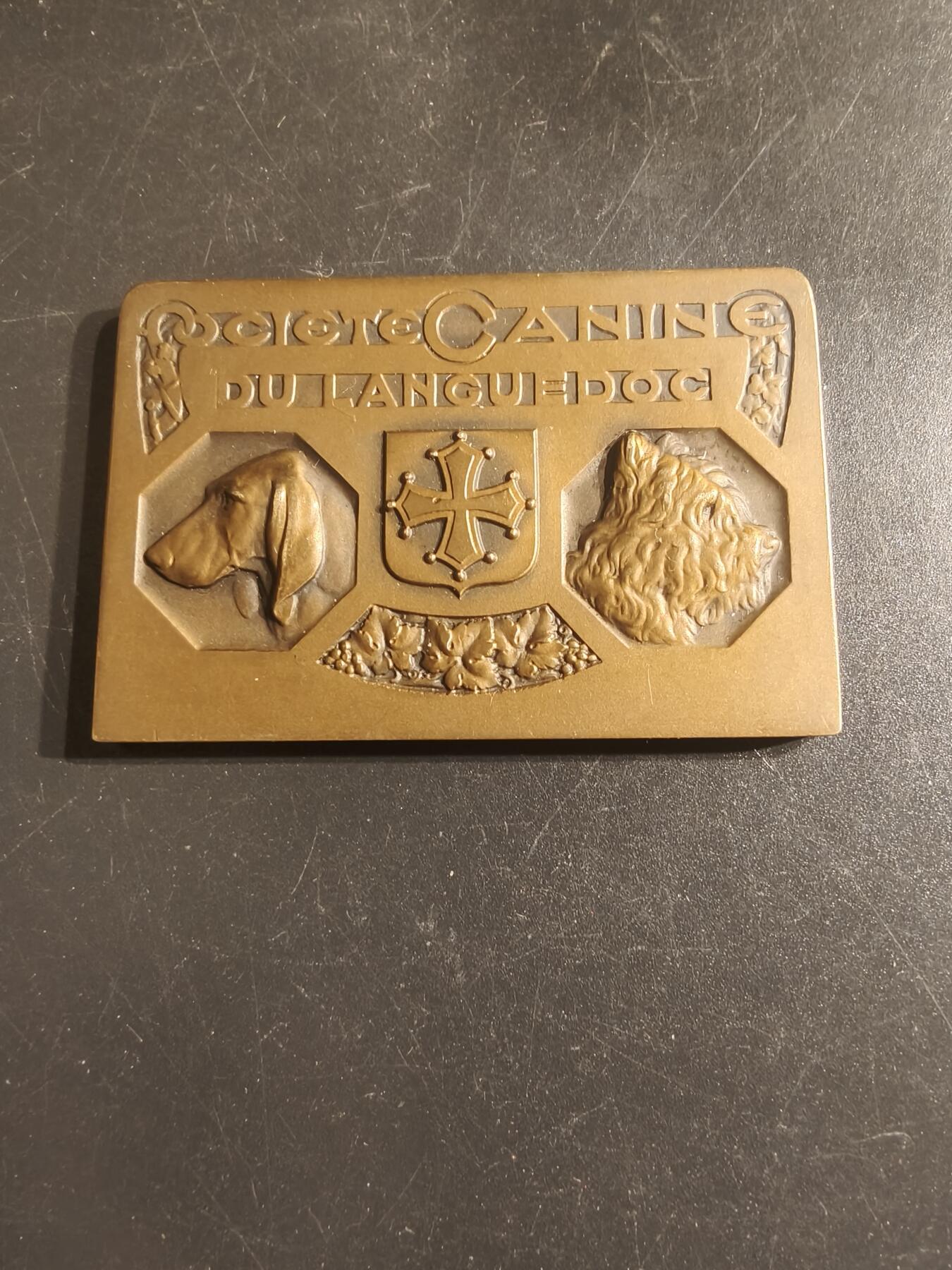 老王徽章第150期 法国朗格多克犬类协会展览方形大铜章    尺寸59×40mm   重量63.6g    1934年    带盒子