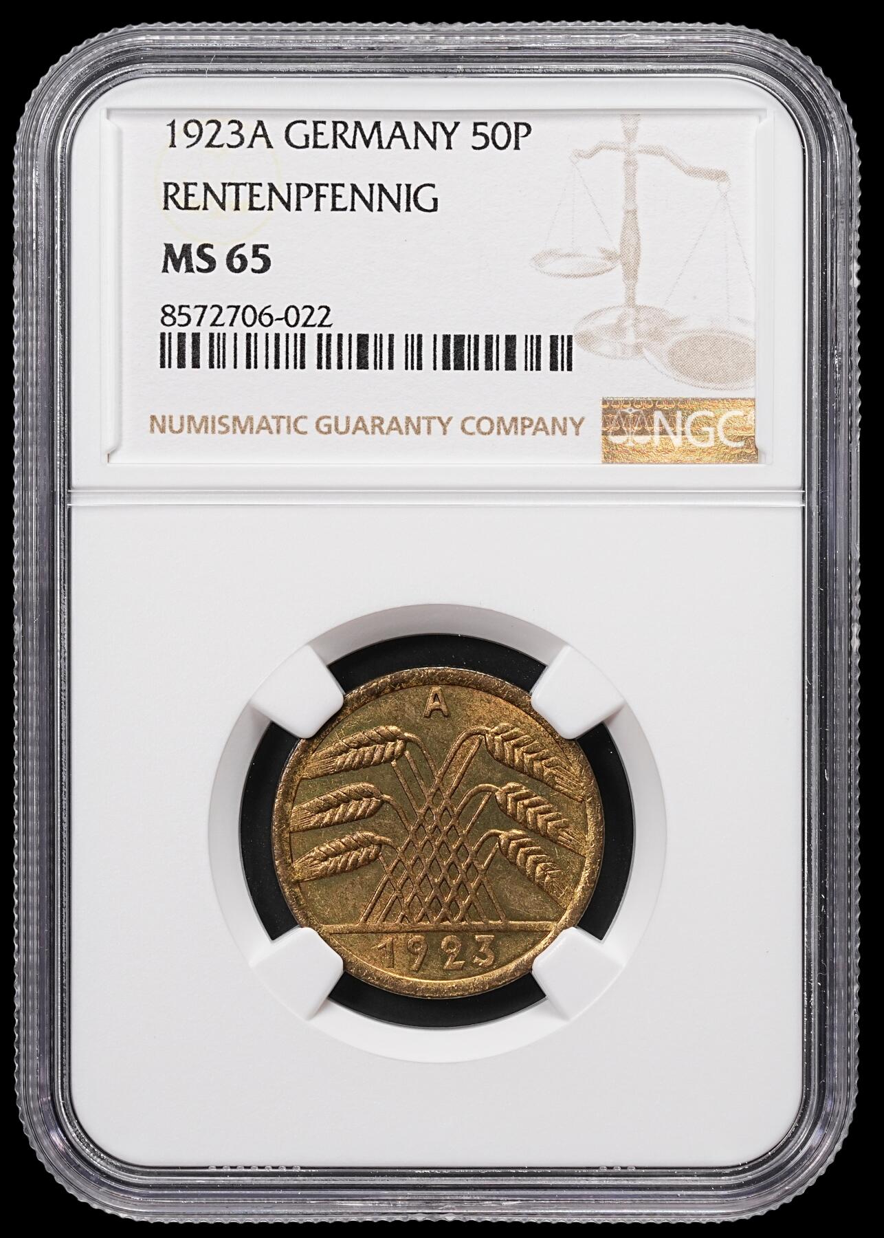 修遠堂世界钱币第八十五期 NGC MS65 1923年德国50芬尼 A厂铭