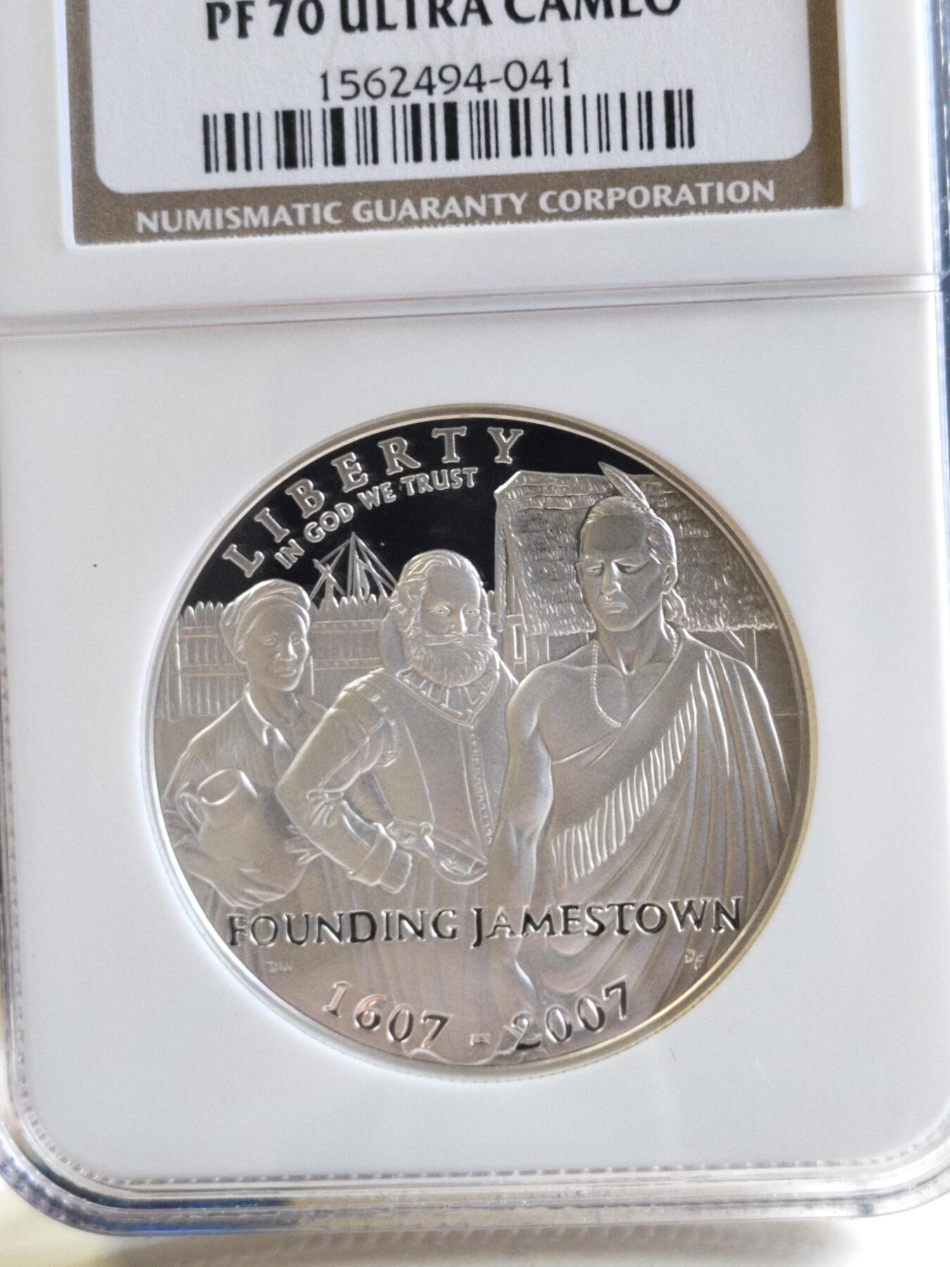 第176期拍卖【长期征集拍品】【欢度国庆中秋双节】 获奖美国2007年詹姆斯敦建城400周年银币NGC-PF70,900银，26.72克，荣获世界硬币大奖赛
