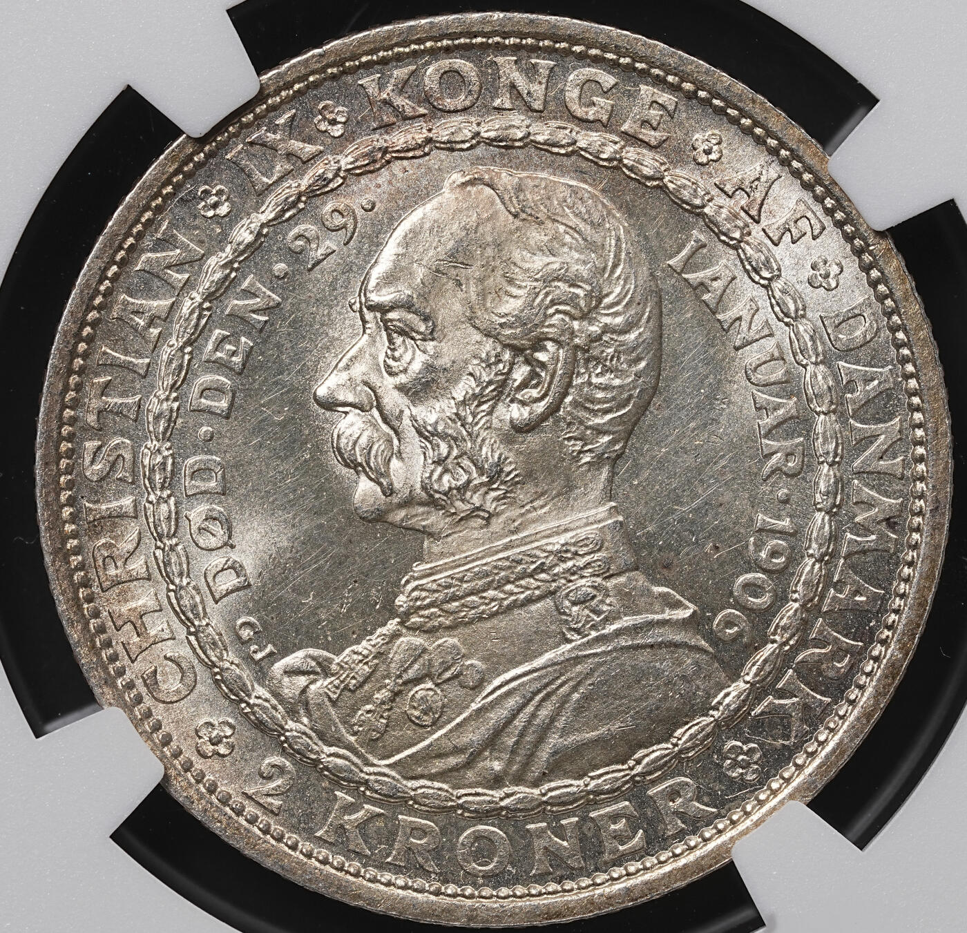 修遠堂世界钱币第八十五期 NGC MS65 1906年丹麦国王更迭纪念2克朗银币