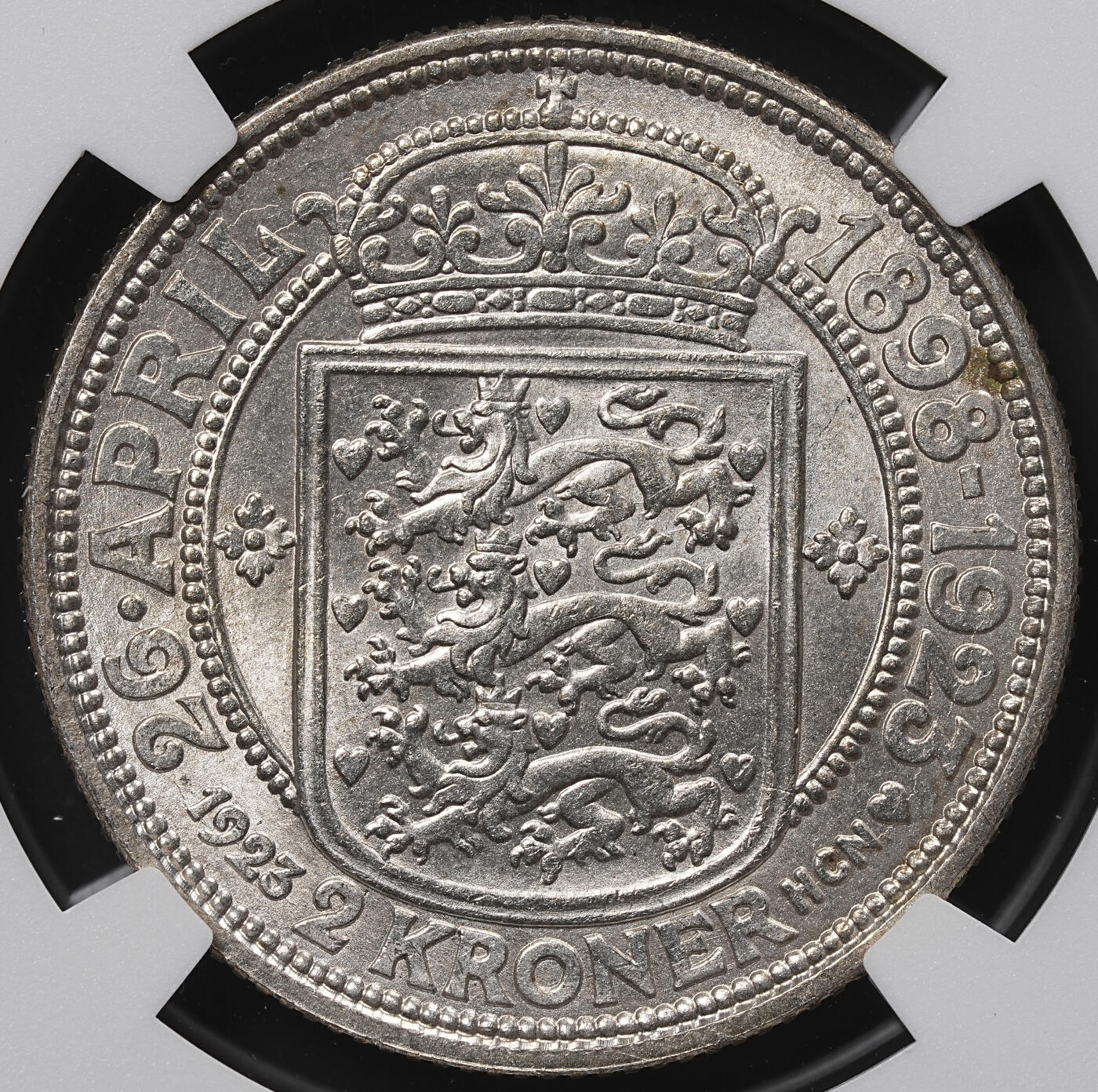 修遠堂世界钱币第八十五期 NGC MS65 1923年丹麦国王银婚纪念2克朗银币