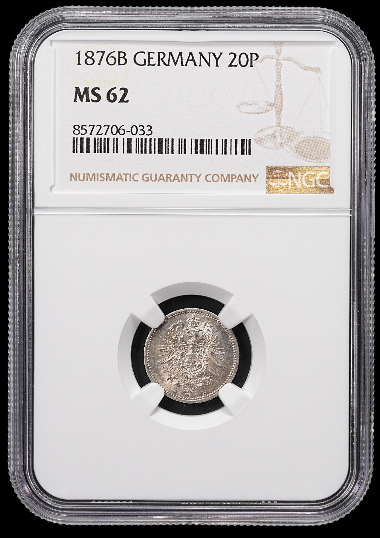 修遠堂世界钱币第八十五期 NGC MS62 1876年德国20芬尼银币 B厂铭
