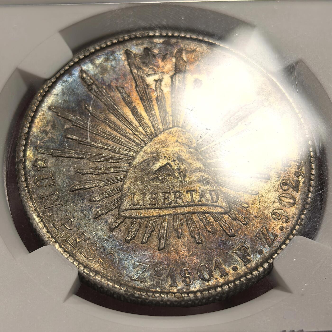 博洋堂世界钱币拍卖第140期（全场包邮） NGC AU 墨西哥1901年ZS FZ版直边鹰洋，五彩包浆