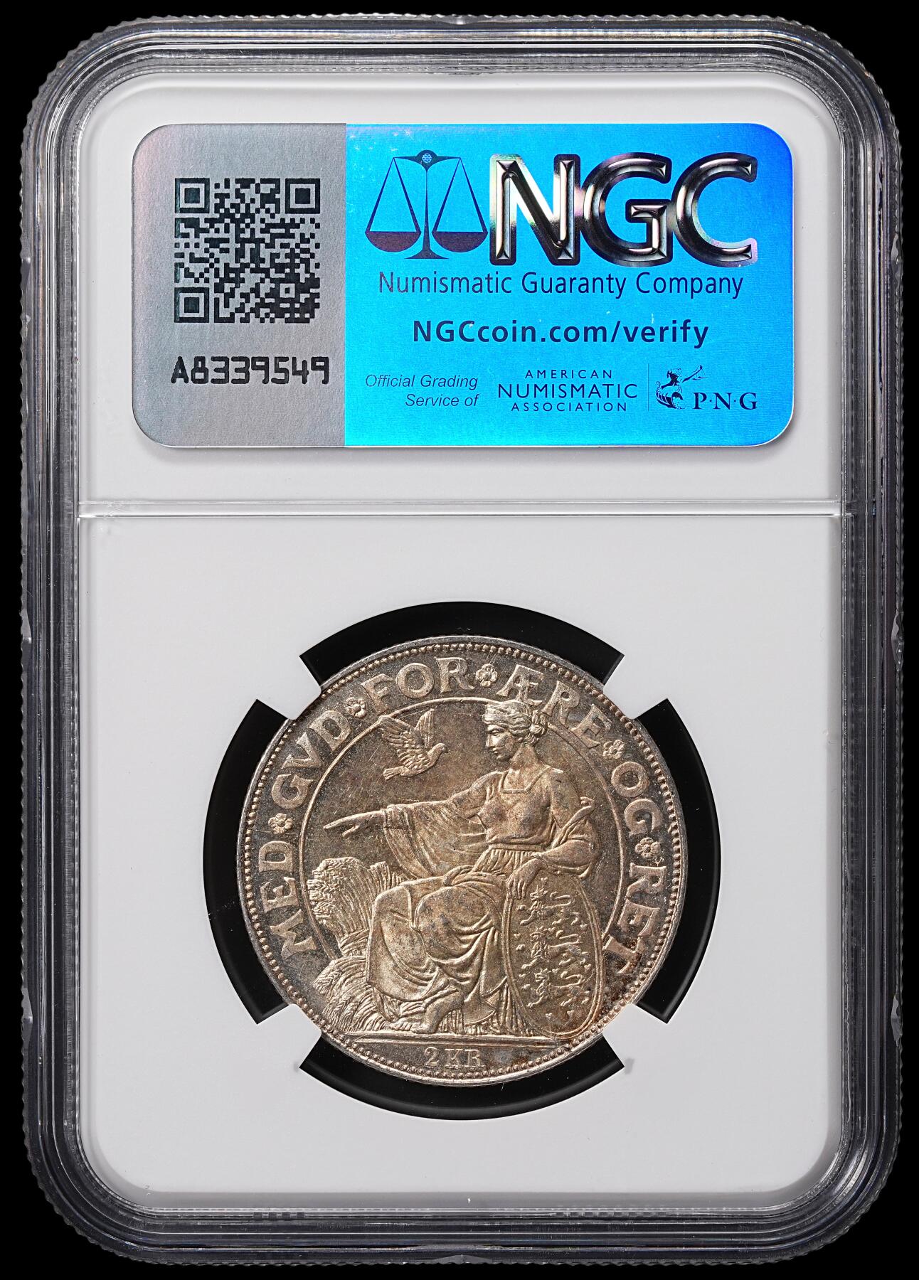 修遠堂世界钱币第八十五期 NGC MS65 1903年丹麦国王登基40周年纪念2克朗银币 淡彩