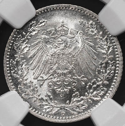 修遠堂世界钱币第八十五期 - NGC MS66 1918年德国1/2马克银币 D厂铭