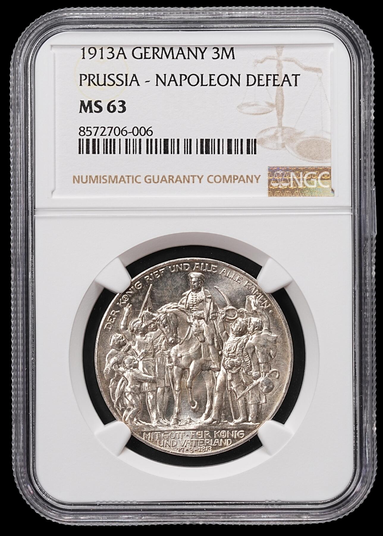 修遠堂世界钱币第八十五期 NGC MS63 1913年普鲁士战胜拿破仑百年纪念3马克银币