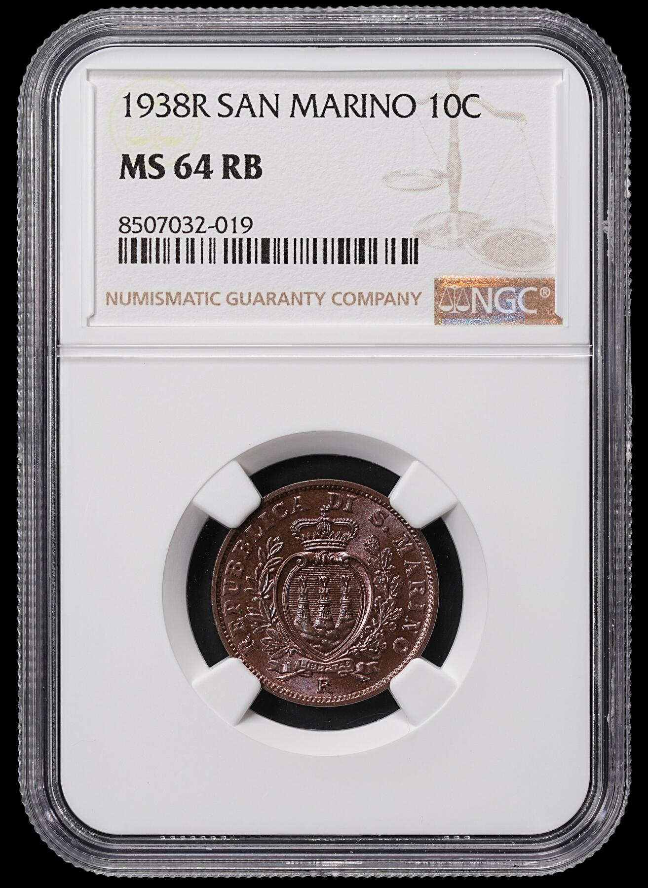 修遠堂世界钱币第八十五期 NGC MS64RB 1938年圣马力诺10分铜币