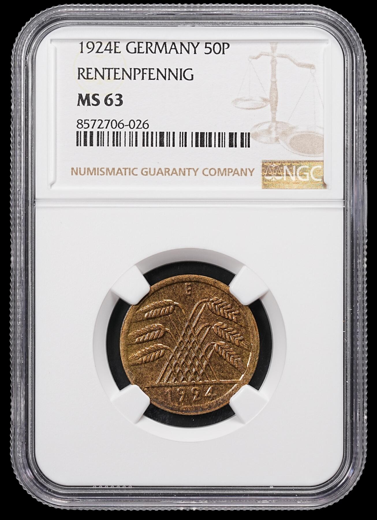 修遠堂世界钱币第八十五期 NGC MS63 1924年德国50芬尼 E厂铭