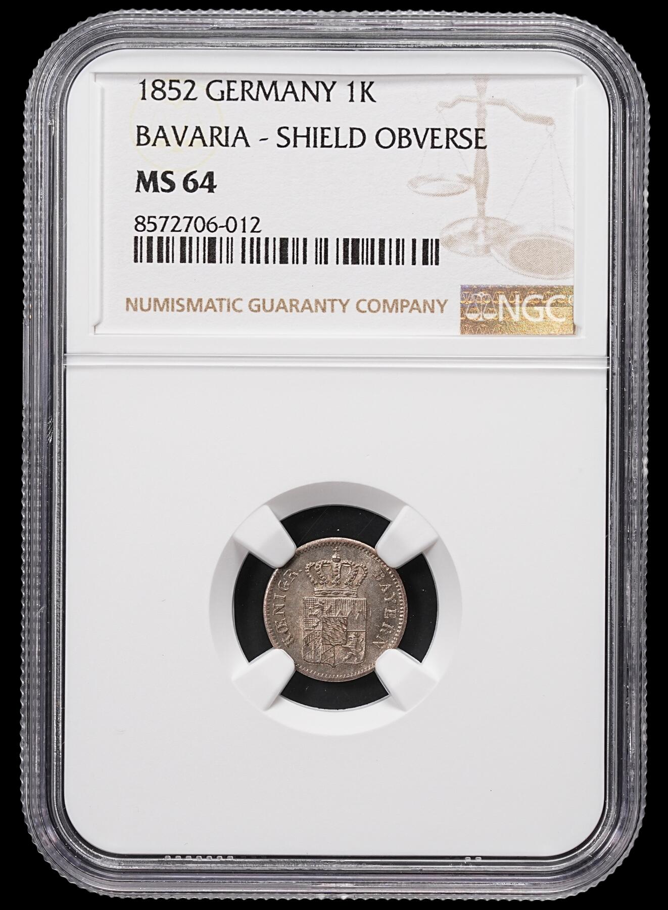 修遠堂世界钱币第八十五期 NGC MS64 1852年巴伐利亚1克鲁泽