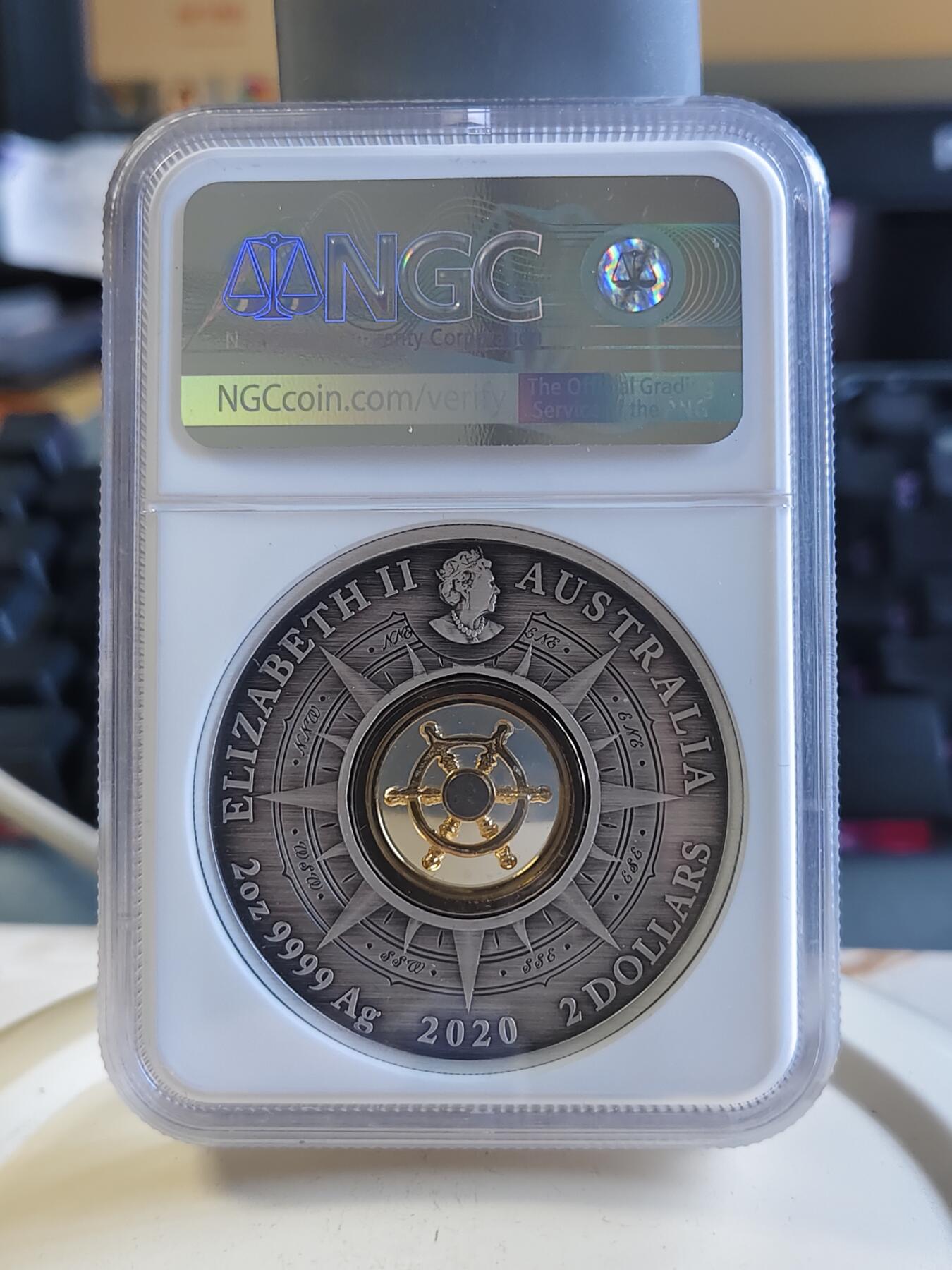 第176期拍卖【长期征集拍品】【欢度国庆中秋双节】 澳大利亚2020年航海中空镶可转动仿古银币NGC-MS70首无盒无证书，999银，发行1770枚