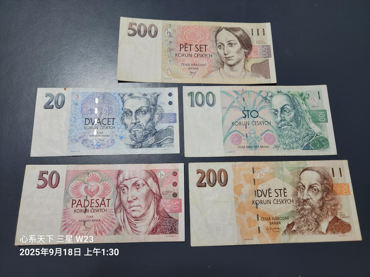 9月20号晚上8点 外国纸币自动截拍第32场 捷克 1993-1996年20,50,100,200，500克朗 小全套