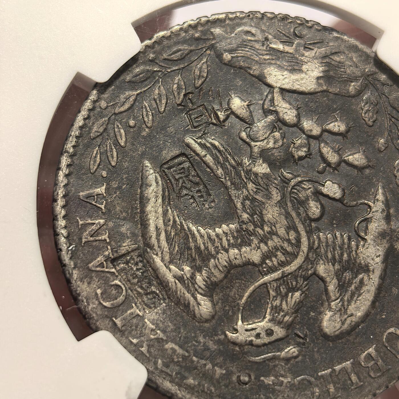 博洋堂世界钱币拍卖第140期（全场包邮） NGC VF 墨西哥1883年MO MH版花边鹰洋，黑漆包浆，少见“原银”戳记