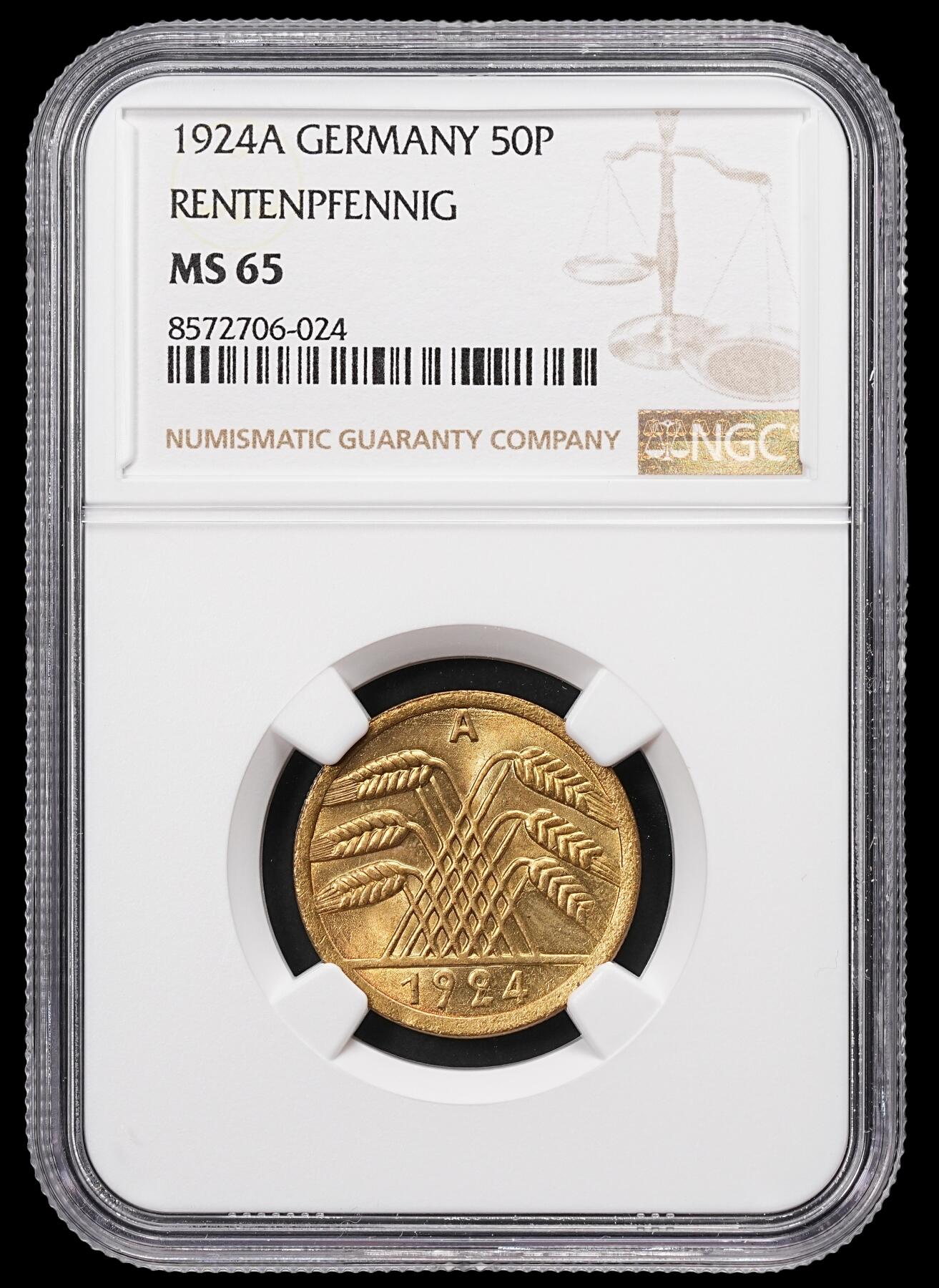 修遠堂世界钱币第八十五期 NGC MS65 1924年德国50芬尼 A厂铭
