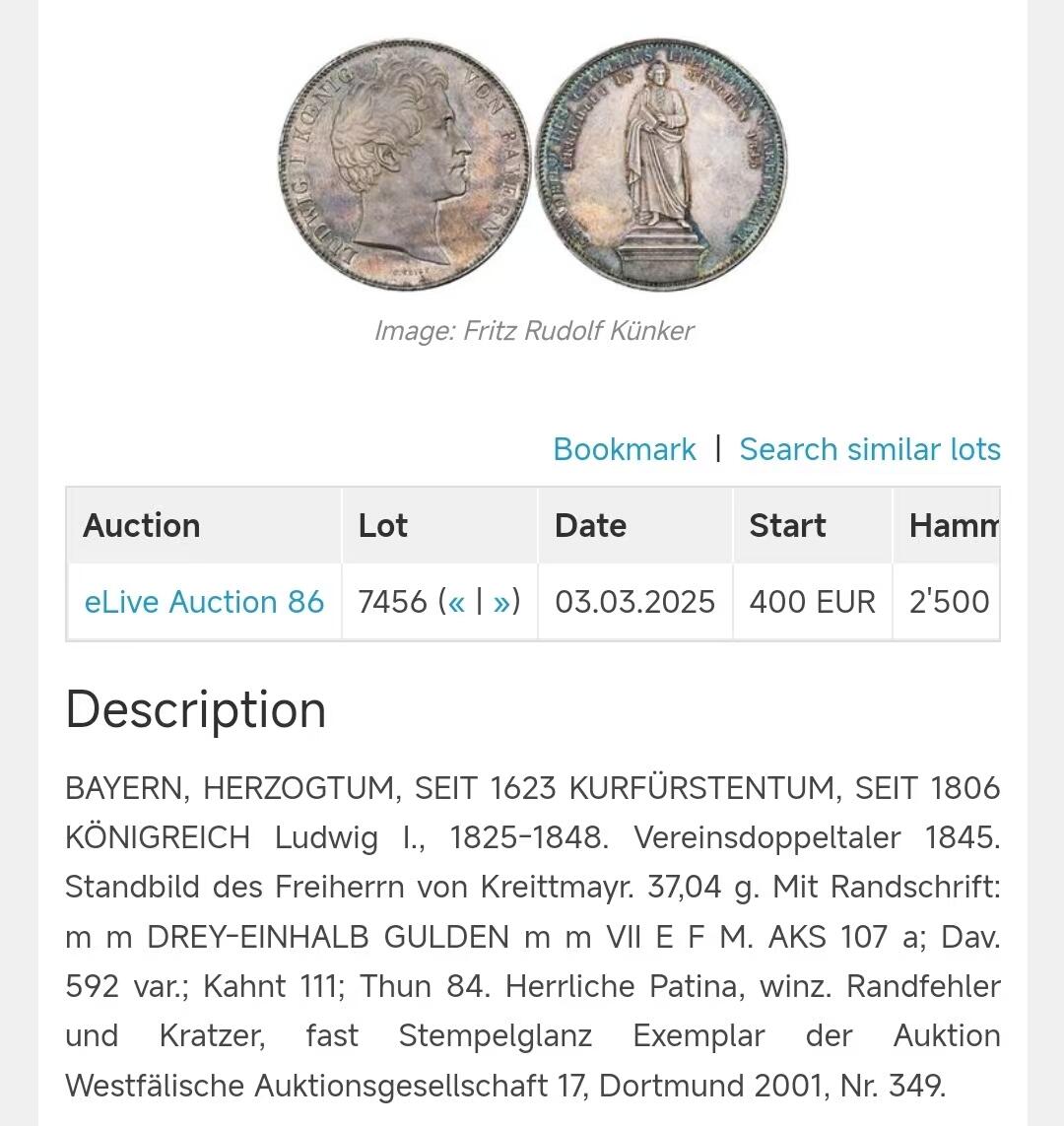 【德藏】世界币章拍卖第147期（拍品征集中~欢迎藏友联系） 1845年 德国巴伐利亚克雷特迈尔男爵2泰勒银币 NGC MS62 黄油老包浆 状态极佳 25年德国好品裸币已经拍到25000人民币左右 机会难得