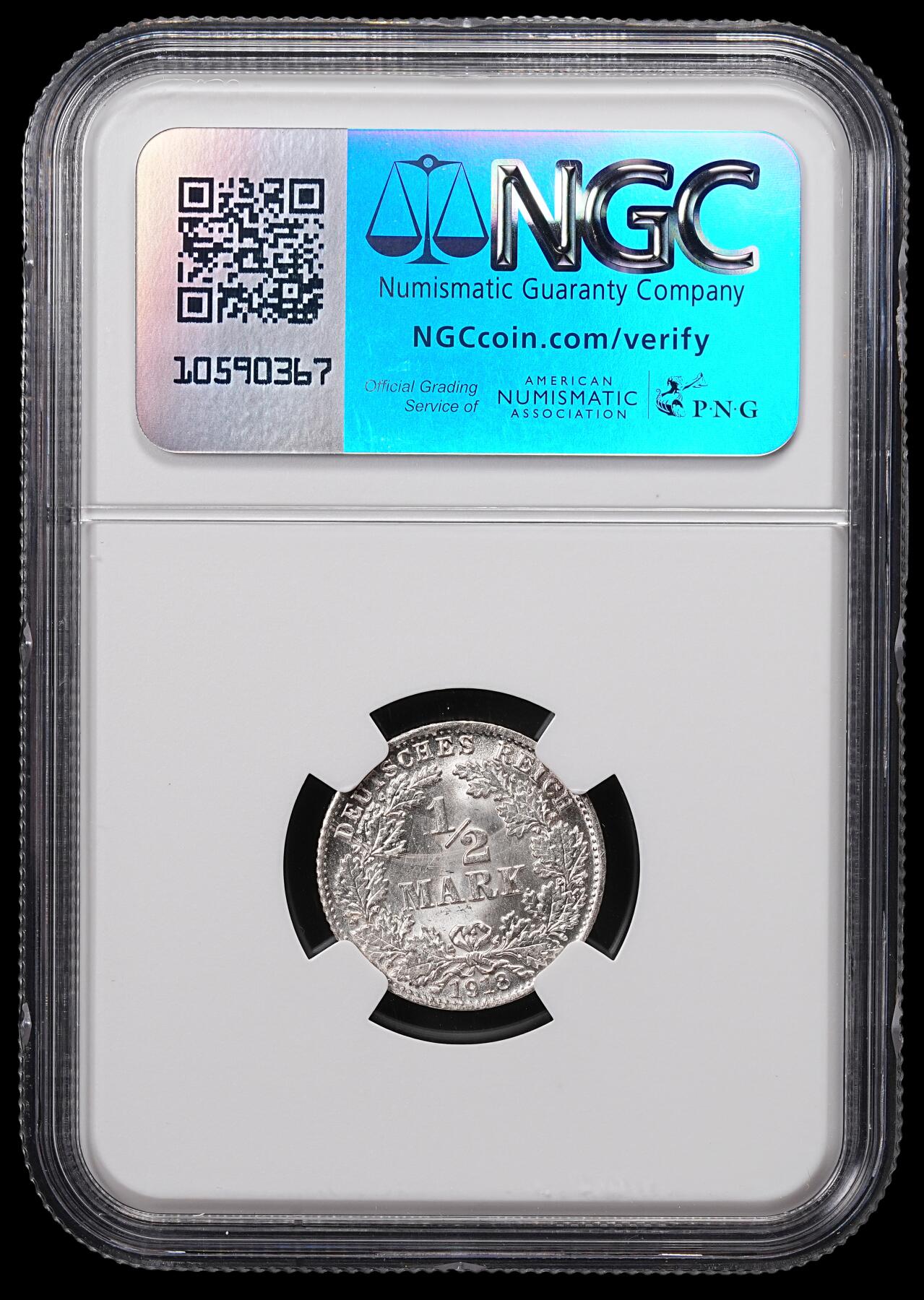 修遠堂世界钱币第八十五期 NGC MS66 1918年德国1/2马克银币 D厂铭