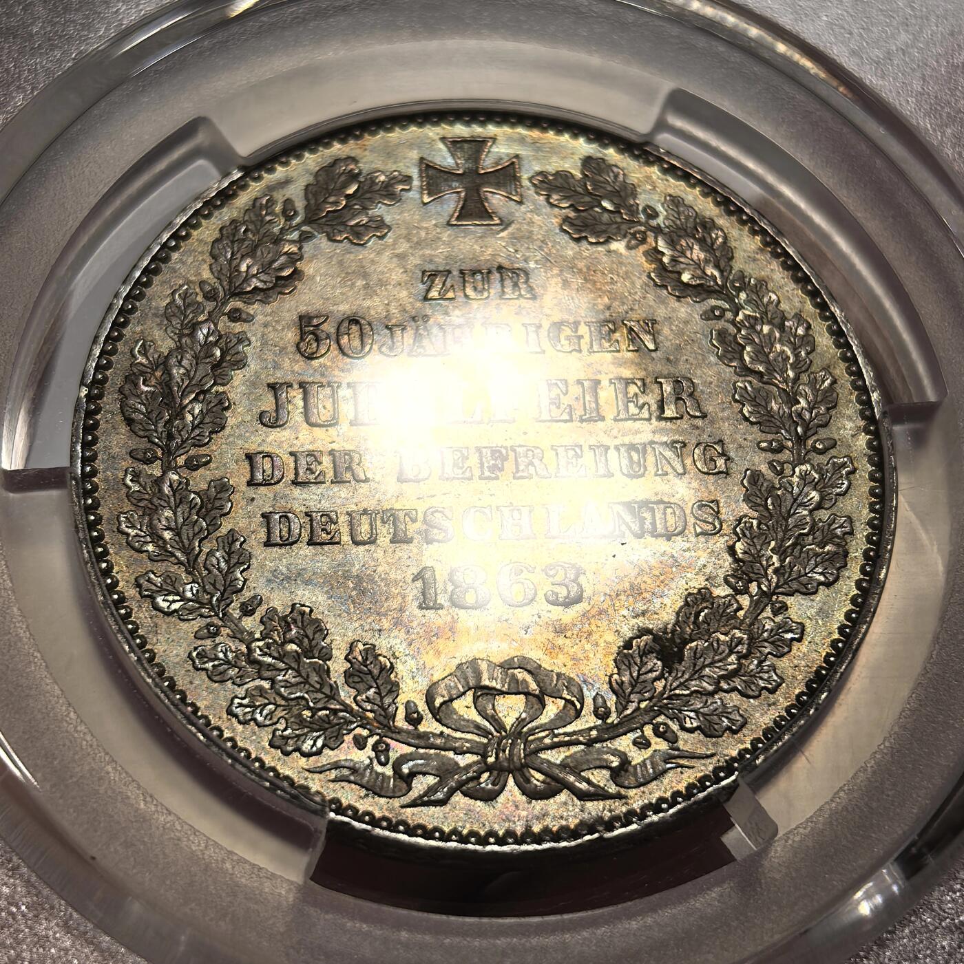 博洋堂世界钱币拍卖第140期（全场包邮） PCGS MS64 德国不莱梅自由市1863年解放50周年纪念泰勒，著名的金泰勒三剑客之一，五彩币，越来越少见的高分。