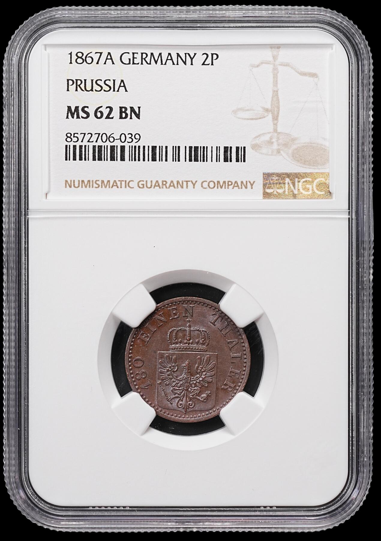修遠堂世界钱币第八十五期 NGC MS62BN 1867年普鲁士2芬尼铜币
