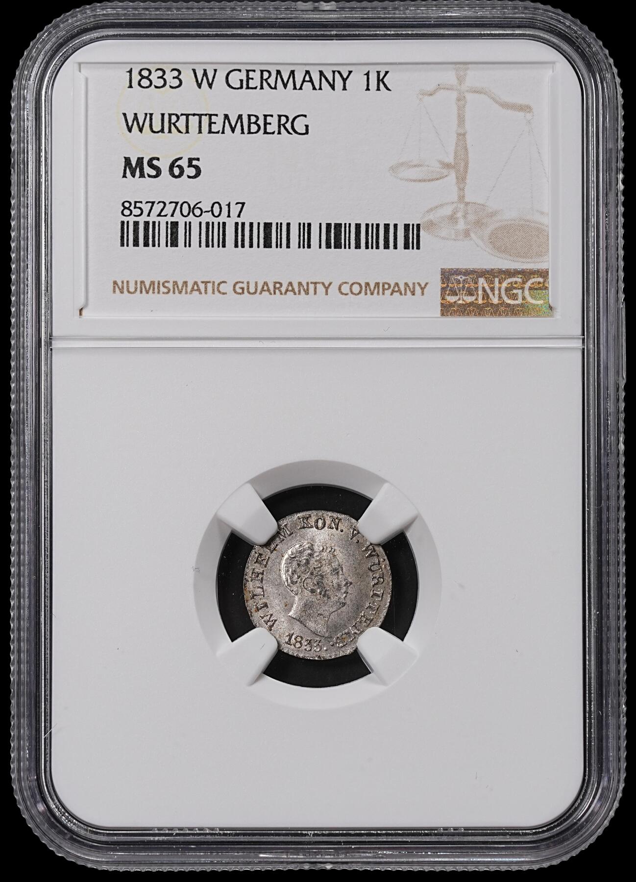 修遠堂世界钱币第八十五期 NGC MS65 1833年符腾堡1克鲁泽 唯一冠军分