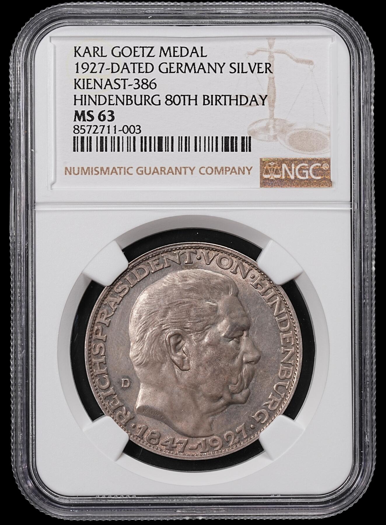 修遠堂世界钱币第八十五期 NGC MS63 1927年兴登堡八十大寿纪念银章 五马克型 卡尔歌茨作品