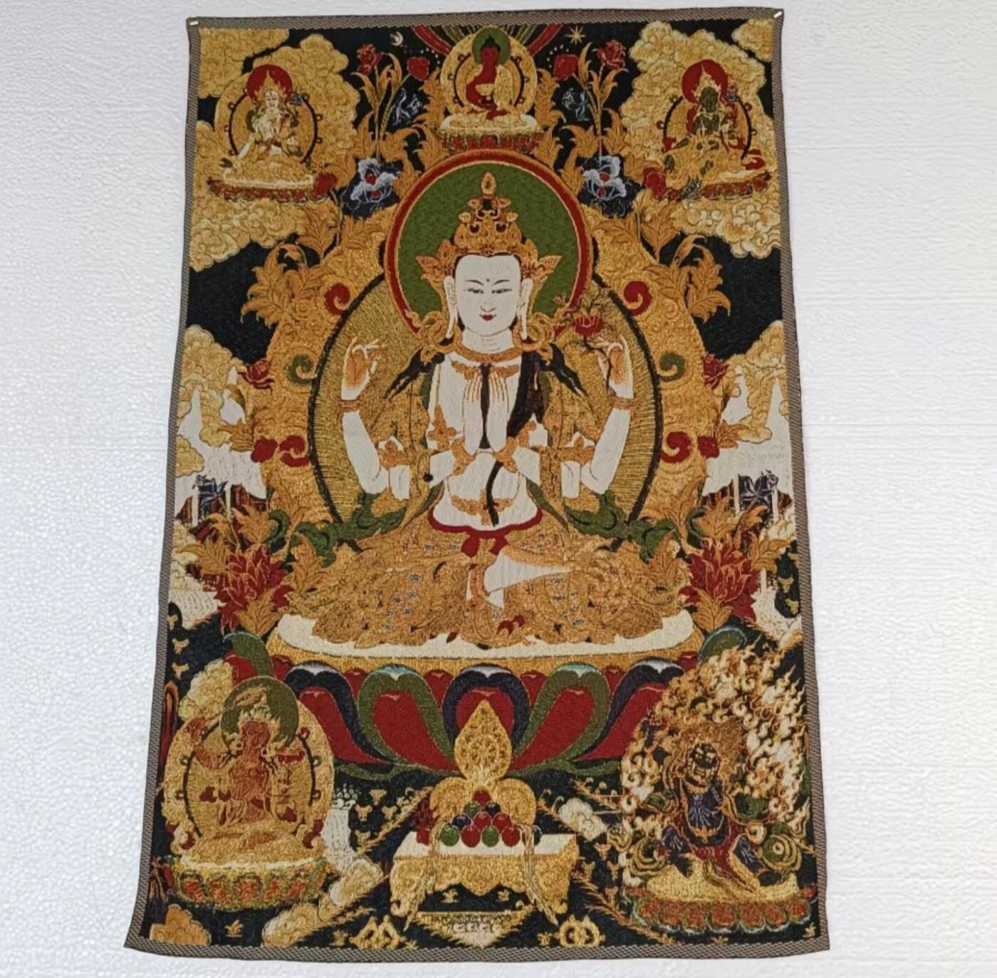刺绣唐卡专场 西藏佛像刺绣  四臂观音金丝唐卡40*60cm