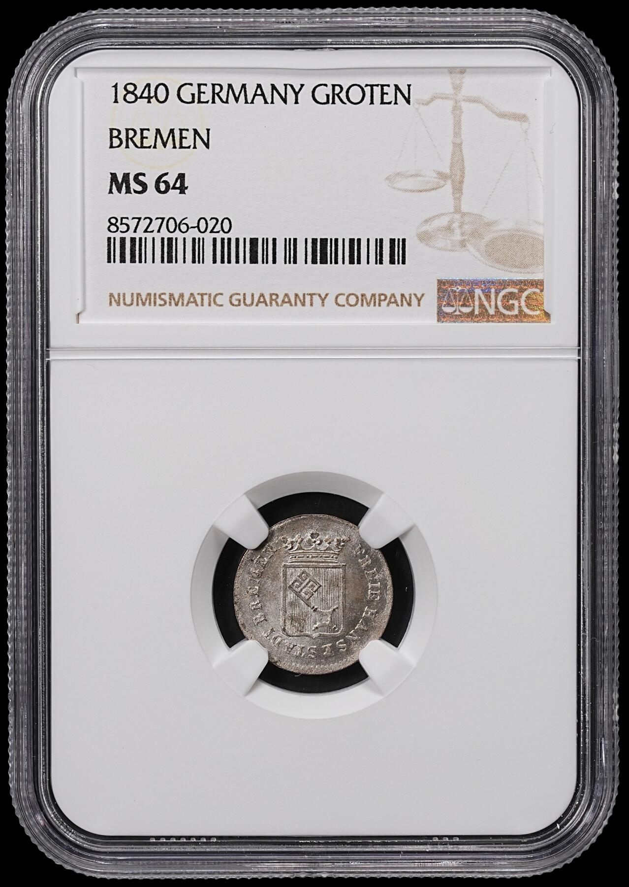 修遠堂世界钱币第八十五期 NGC MS64 1840年不莱梅1格罗滕
