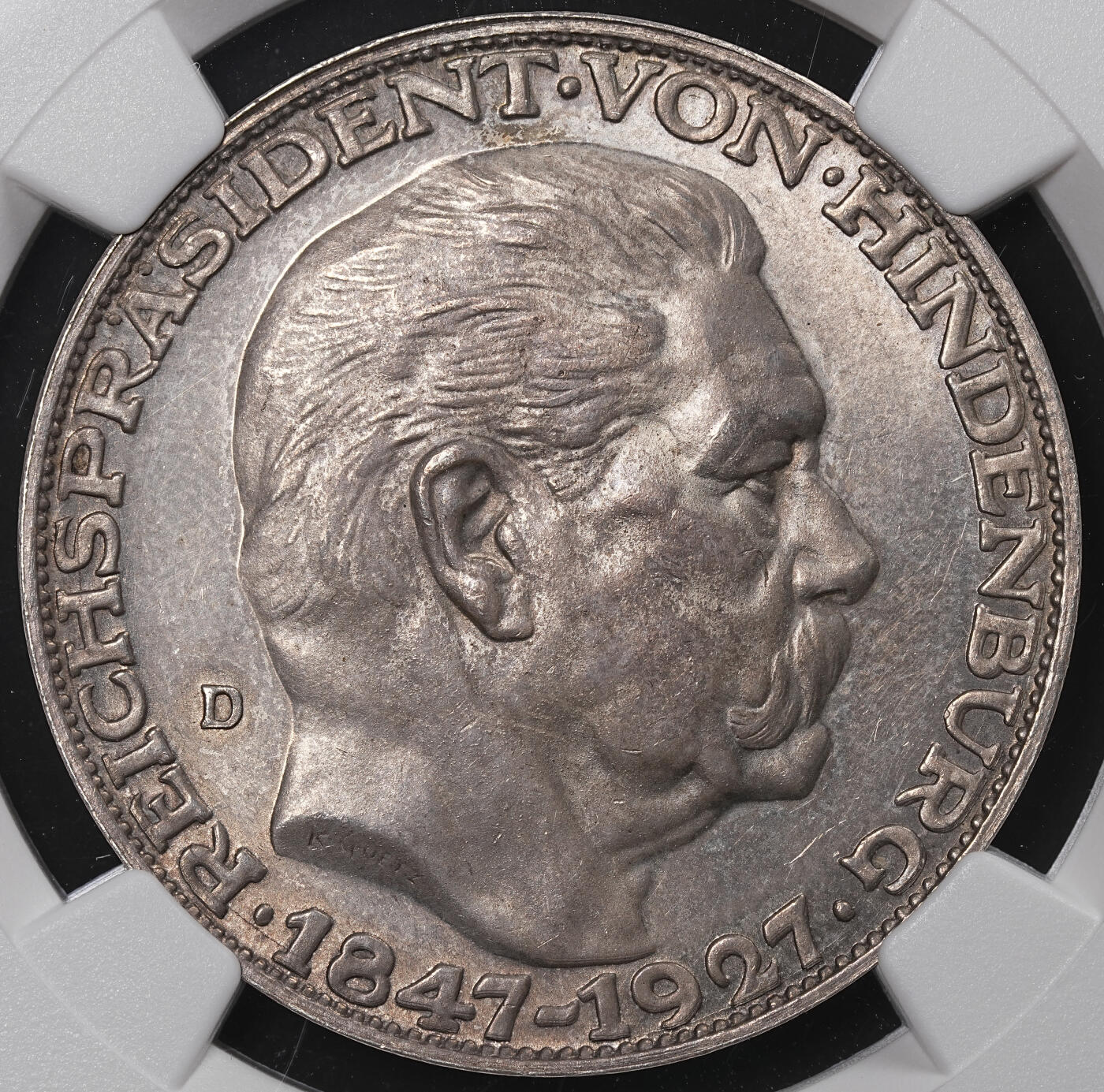 修遠堂世界钱币第八十五期 NGC MS63 1927年兴登堡八十大寿纪念银章 五马克型 卡尔歌茨作品