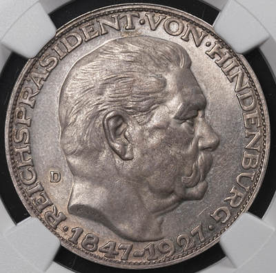 修遠堂世界钱币第八十五期 - NGC MS63 1927年兴登堡八十大寿纪念银章 五马克型 卡尔歌茨作品