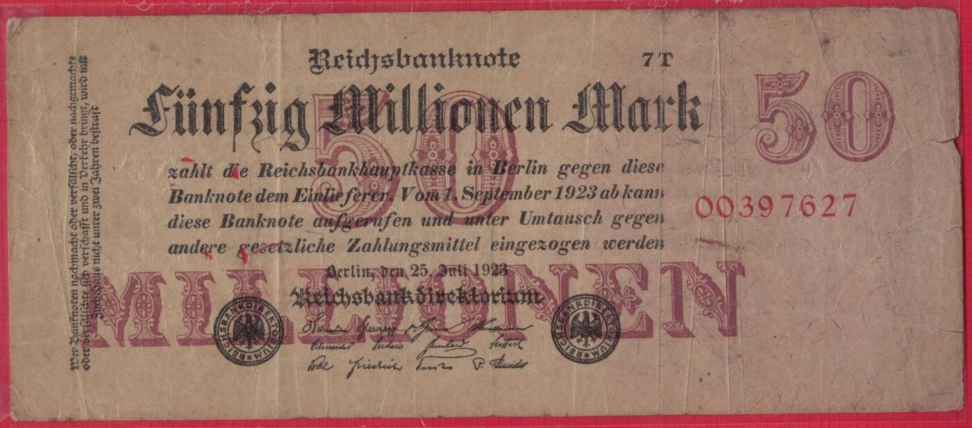 德国1923年5000万(50000000)马克 P-98b 8位号码 无4 实物图 八五品