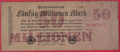 德国1923年5000万(50000000)马克 P-98b 8位号码 无4 实物图 八五品 - 德国1923年5000万(50000000)马克 P-98b 8位号码 无4 实物图 八五品