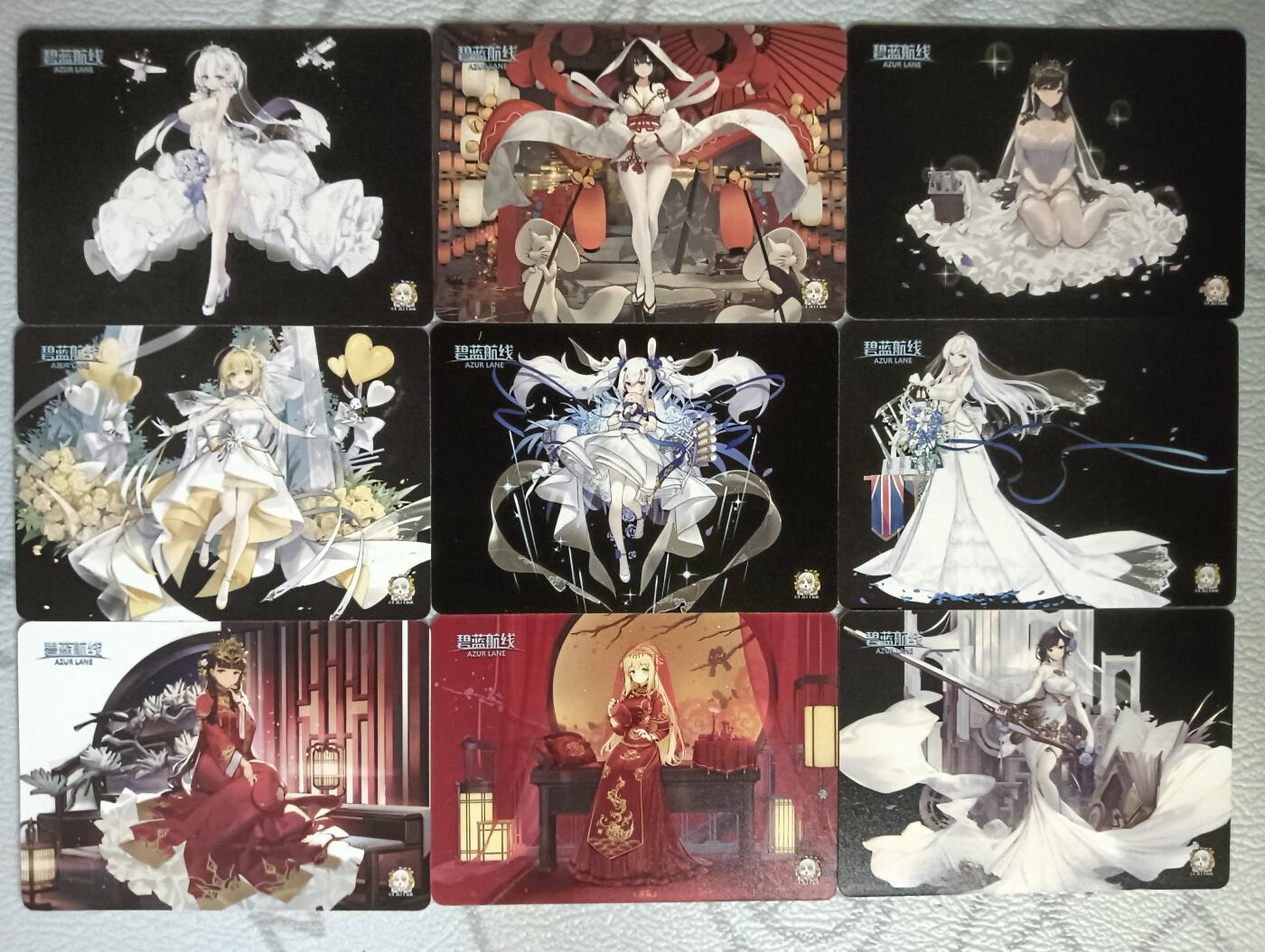 花开卡拍第39期（9月21号周日截拍，品控勿拍!!!拍品不寄存，运费5元，自制卡难免瑕疵，可能存在轻微撞角爆边等出厂瑕疵，品控介意勿拍！） 姬闪卡 碧蓝航线 纯白花嫁套卡 彩雕 9+1卡头  卡背立绘图