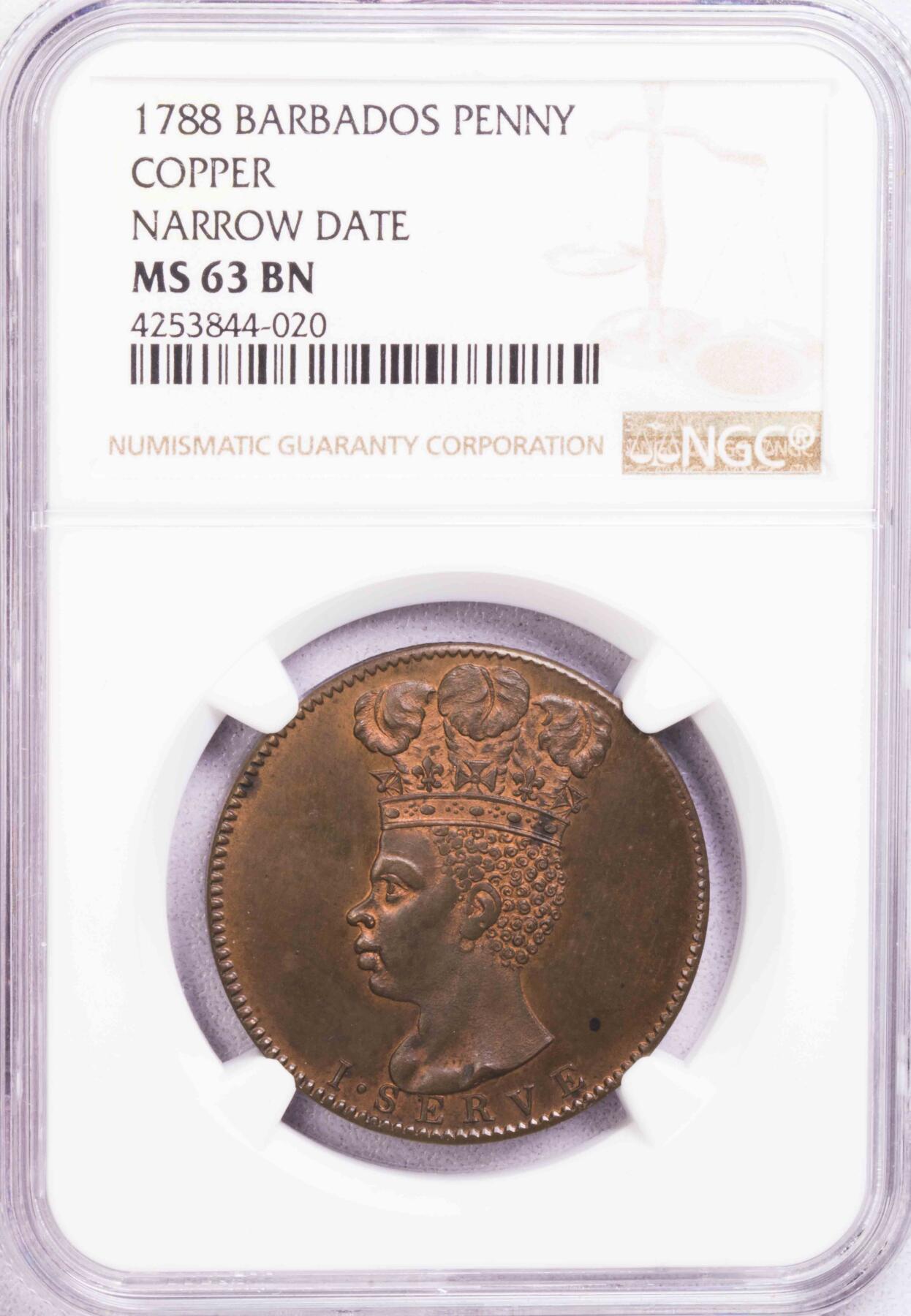 NGC-MS63BN 1788/1792巴巴多斯原铸菠萝头海神铜币一对