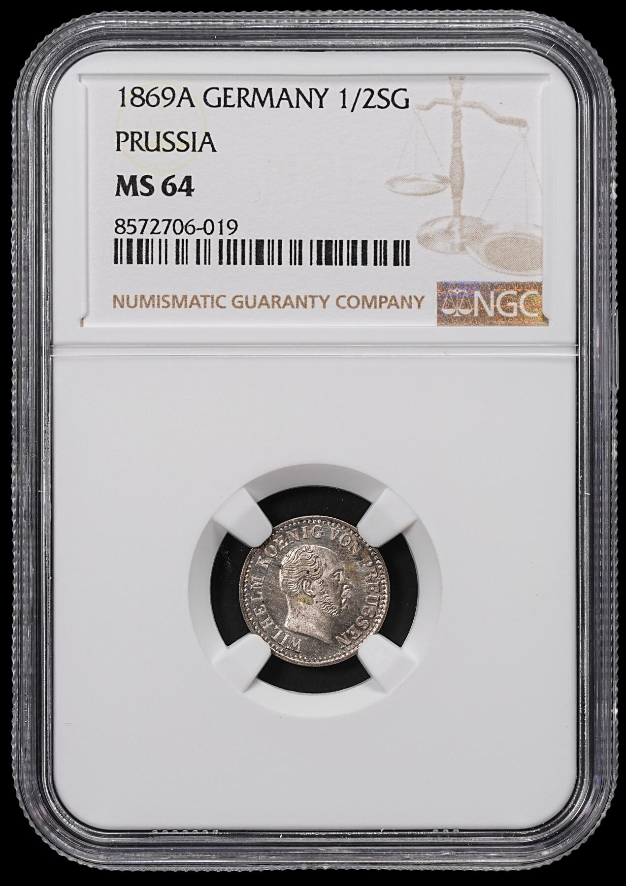 修遠堂世界钱币第八十五期 NGC MS64 1869年普鲁士1/2银格罗申