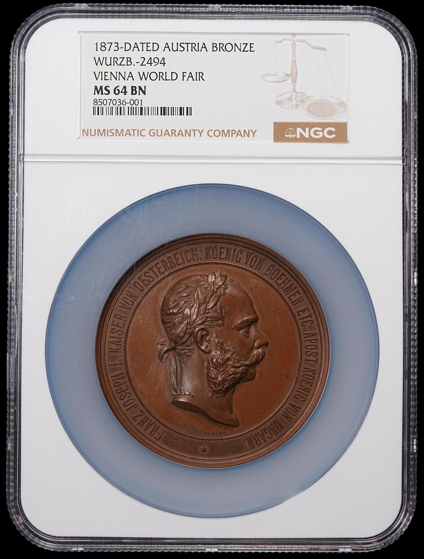 修遠堂世界钱币第八十五期 NGC MS64BN 1873年奥匈帝国-维也纳世界博览会高浮雕大铜章 