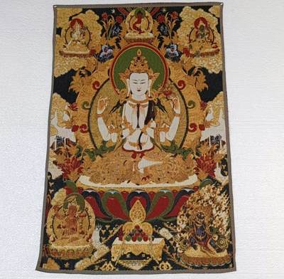 刺绣唐卡专场 - 西藏佛像刺绣  四臂观音 金丝唐卡90*60cm