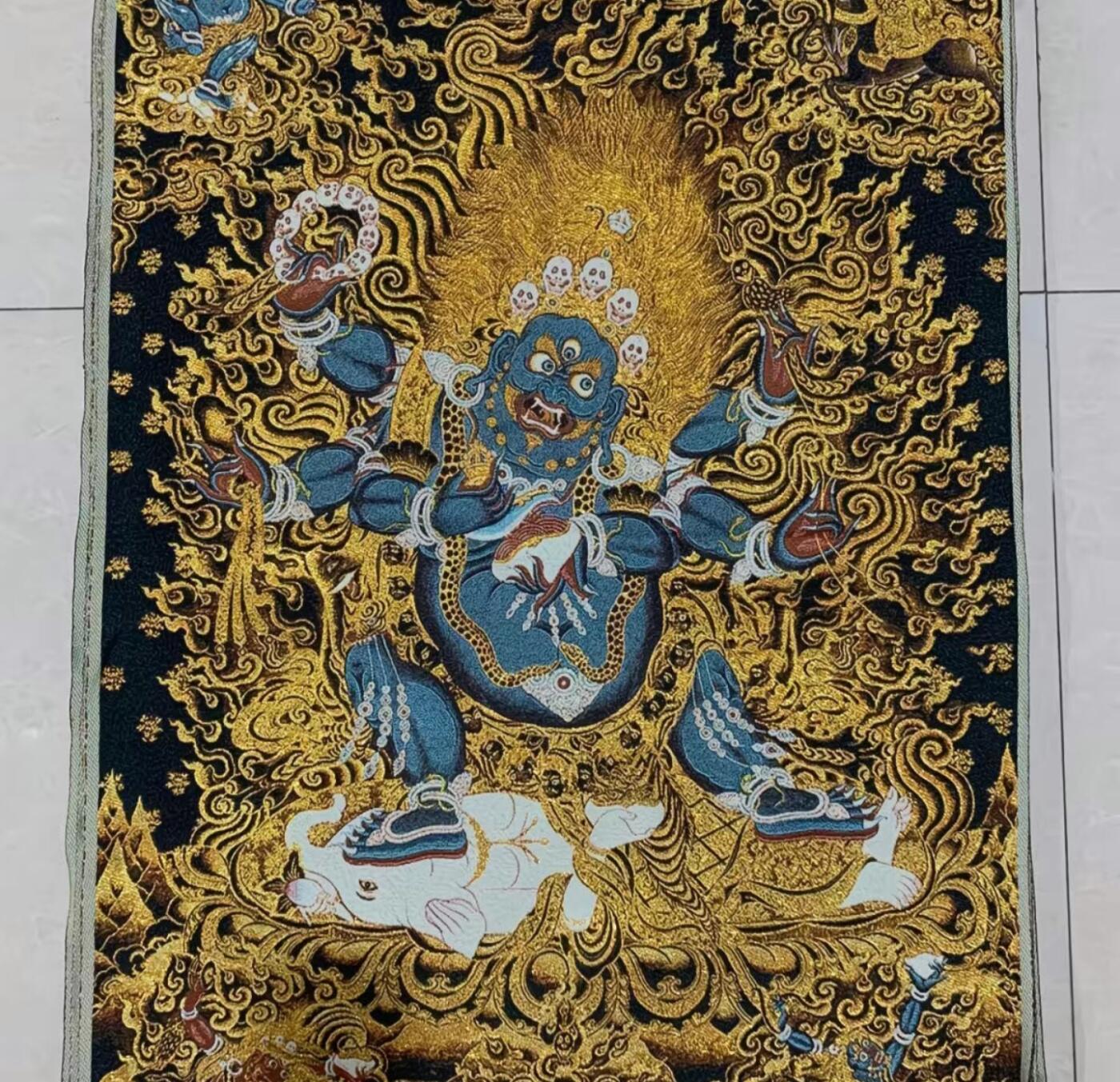 古玩杂相《5》 西藏佛像刺绣  大黑天 金丝唐卡90*60cm