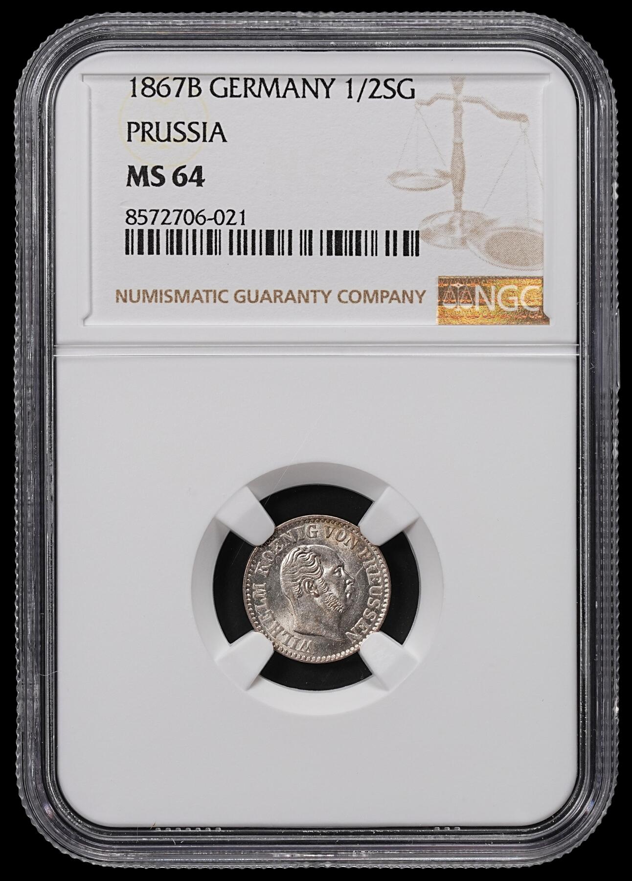 修遠堂世界钱币第八十五期 NGC MS64 1867年普鲁士1/2银格罗申